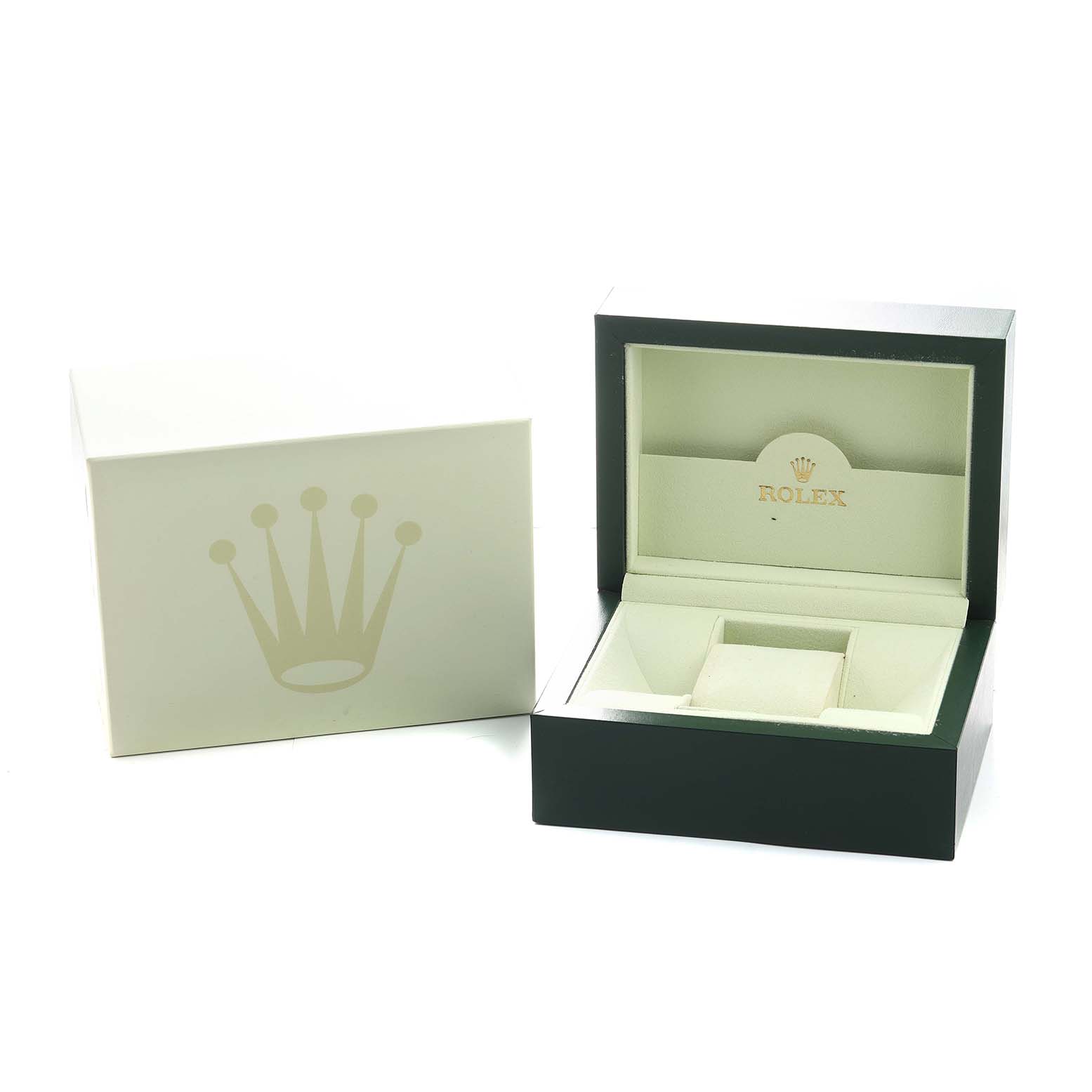 The image shows an open Rolex Datejust 179383 Women's Stainless Steel Black Dial watch box with its lid and packaging visible from a side angle.