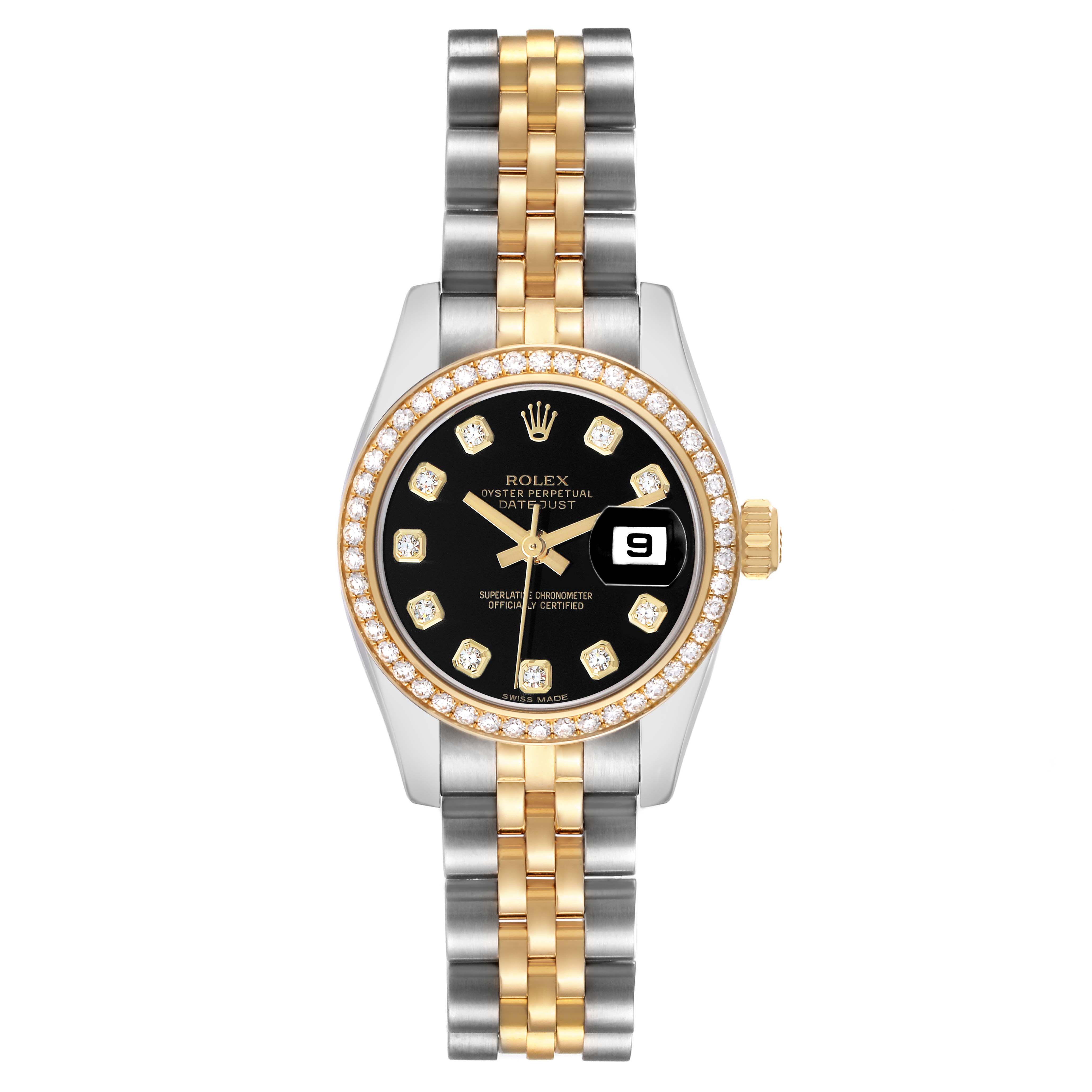 The Rolex Datejust 179383 Women's Stainless Steel Black Dial is shown from a top-down angle, featuring a two-tone bracelet, black dial, diamond markers, and date window.