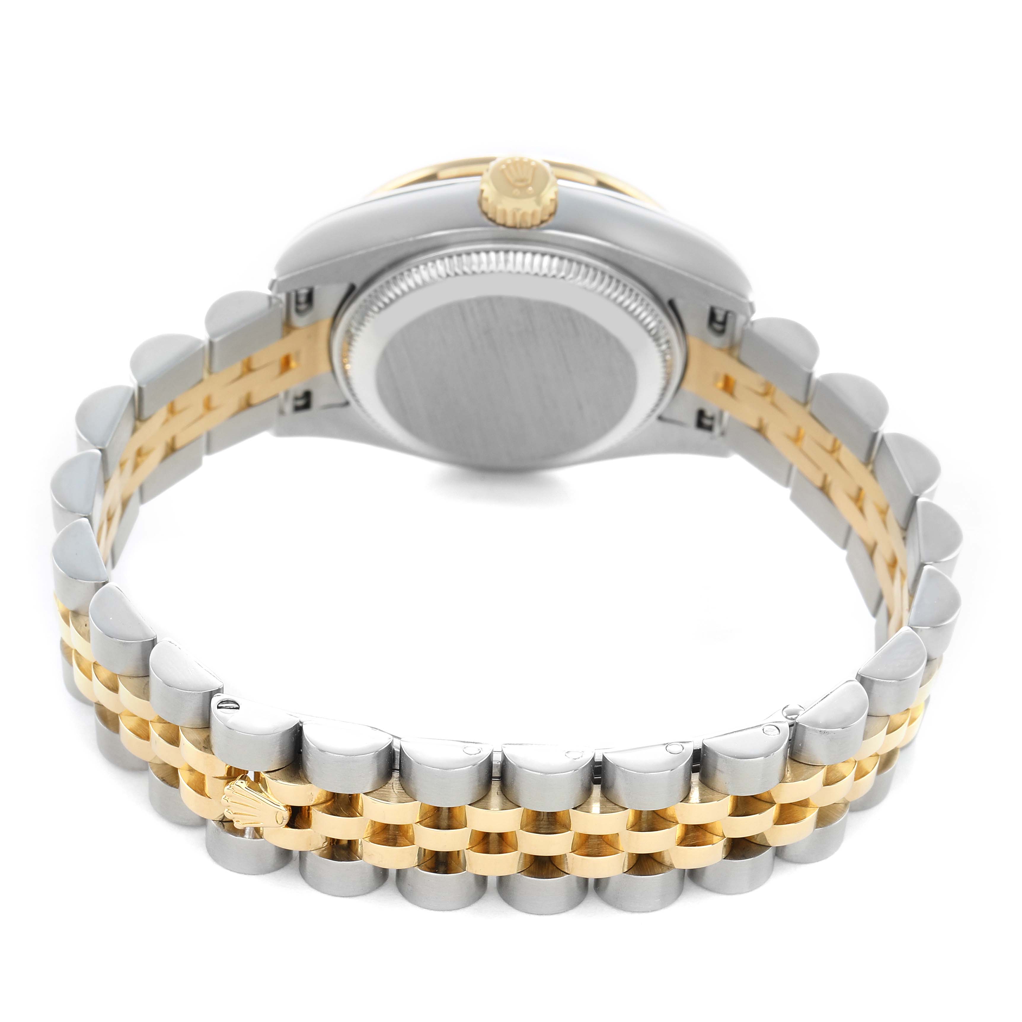 The image shows the back of a Rolex Datejust 179383 Women's Stainless Steel Black Dial, focusing on the case back and two-tone bracelet.