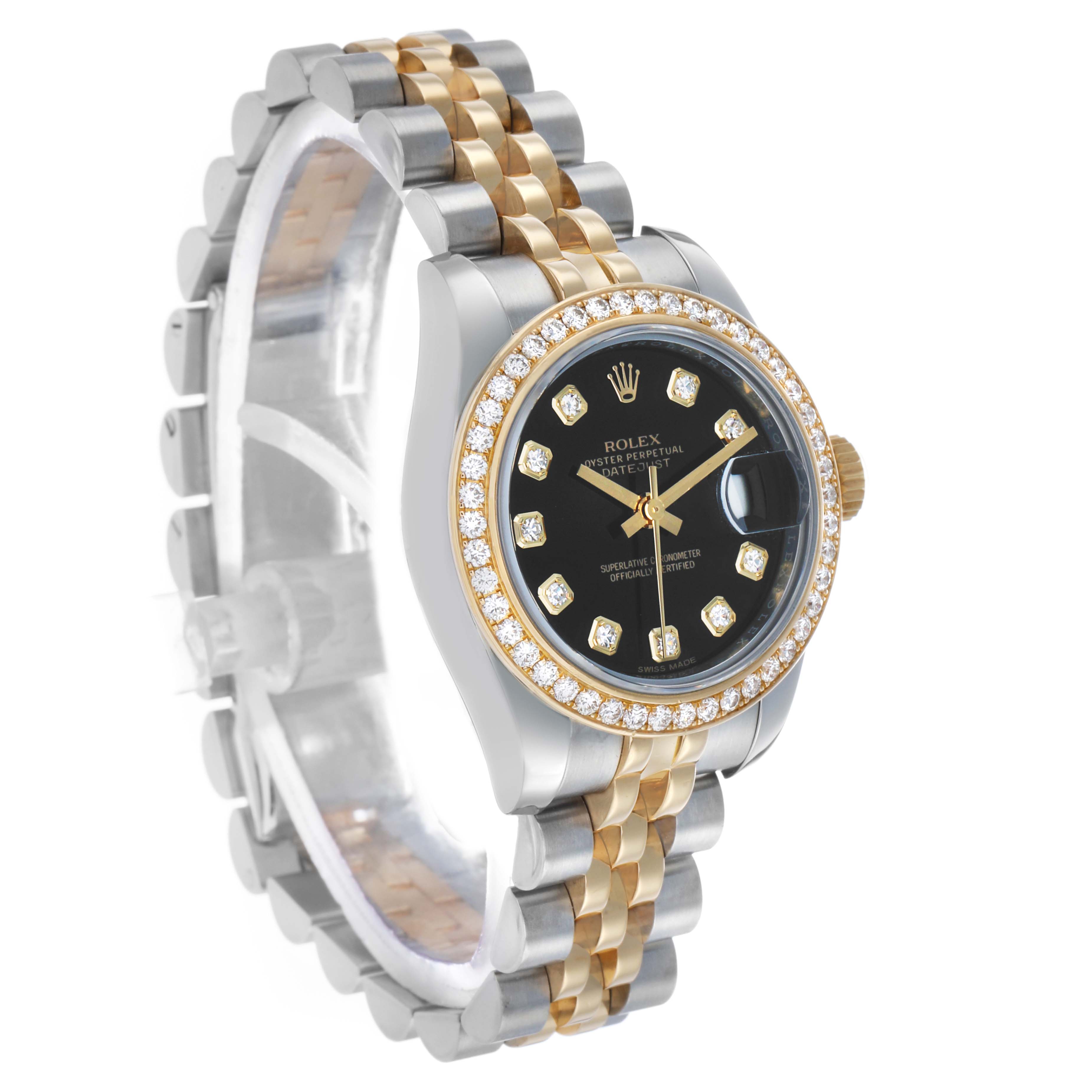 The Rolex Datejust 179383 Women's Stainless Steel Black Dial watch is shown in a three-quarter view, displaying its dial, bezel, crown, and jubilee bracelet.