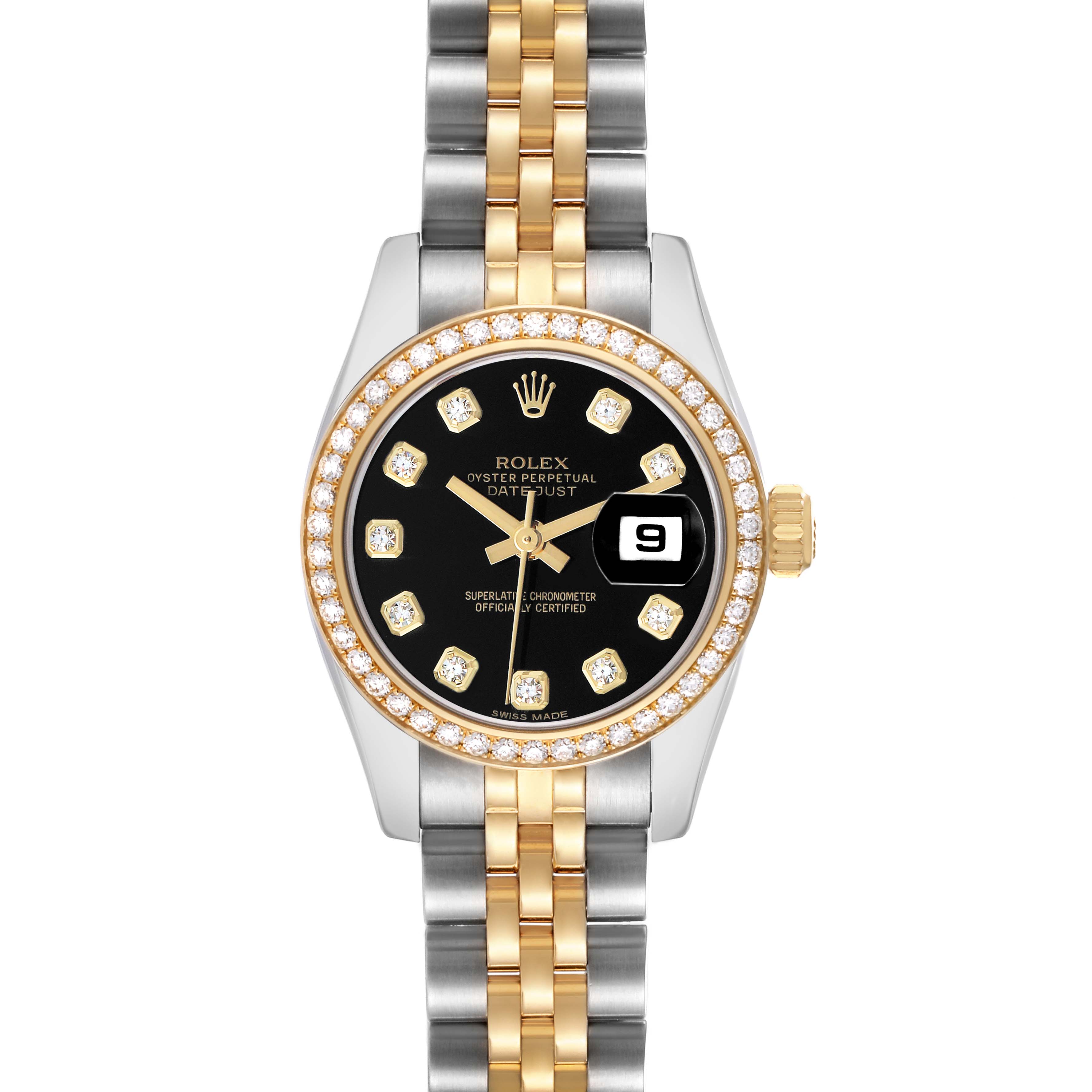 The Rolex Datejust 179383 Women's Stainless Steel Black Dial watch is shown from a top-down angle, displaying its black dial, diamond hour markers, and two-tone bracelet.
