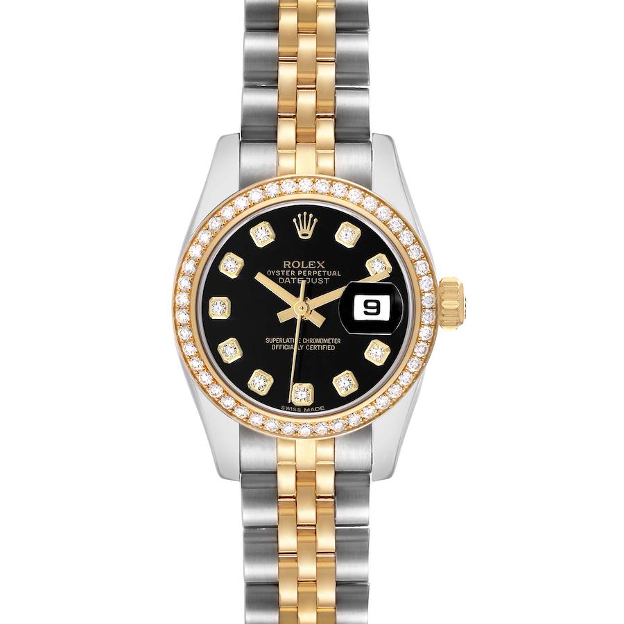 The Rolex Datejust 179383 Women's Stainless Steel Black Dial watch is shown from a top-down angle, displaying its black dial, diamond hour markers, and two-tone bracelet.