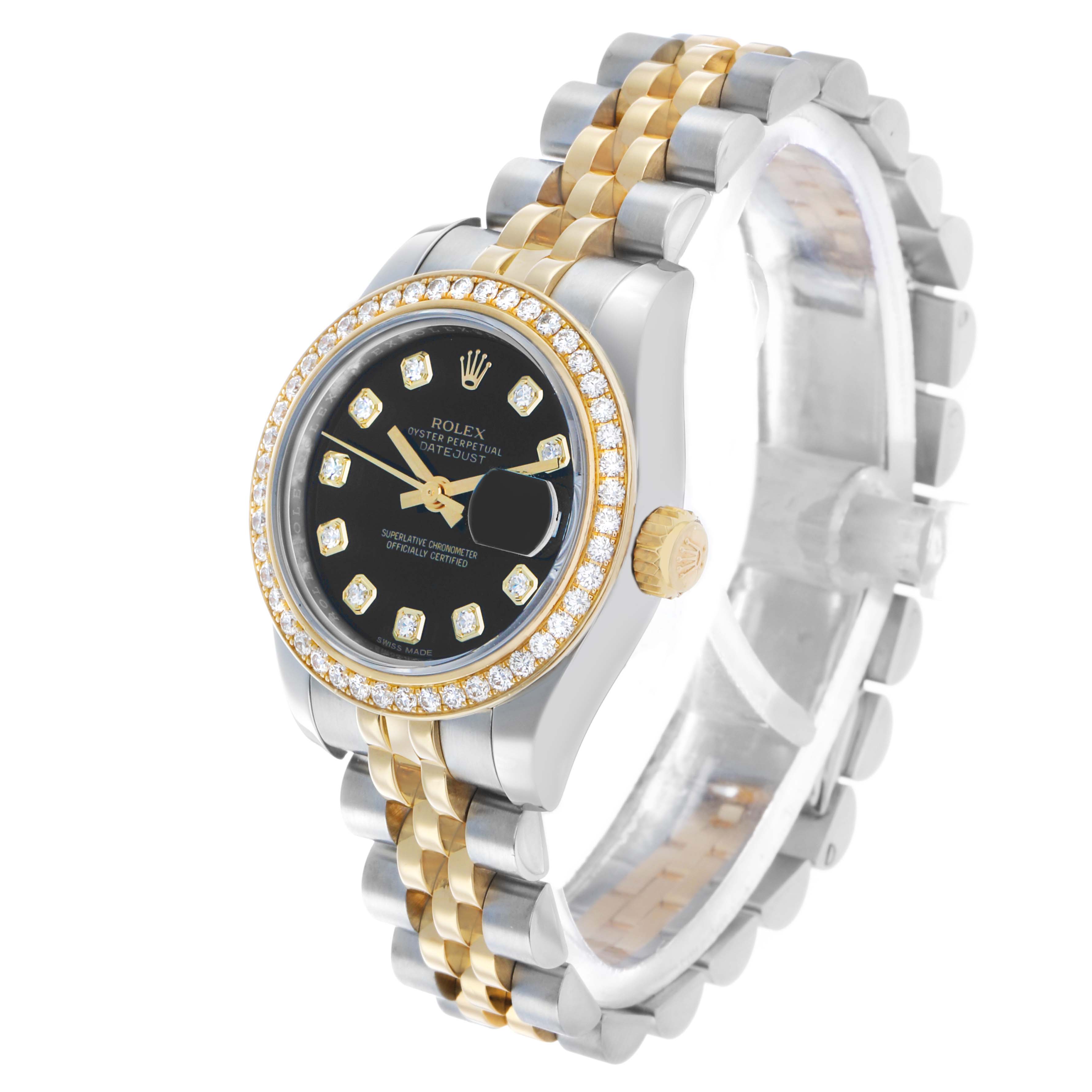 The Rolex Datejust 179383 Women's Stainless Steel Black Dial watch is shown at a slight angle, displaying the face, bezel, and part of the bracelet.