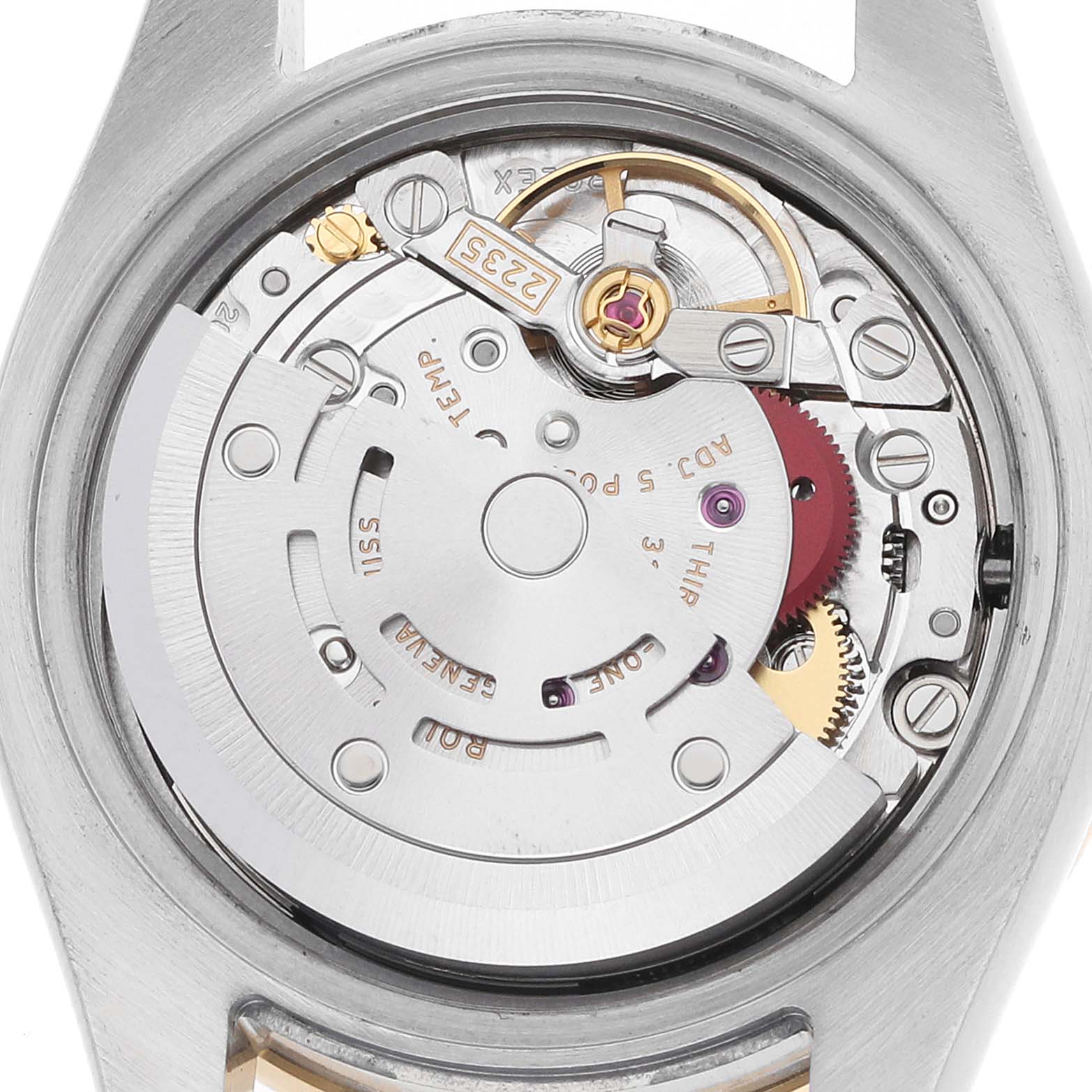 The image shows the movement mechanism of a Rolex Datejust 179383 Women's Stainless Steel Black Dial watch from the back, highlighting gears and components.