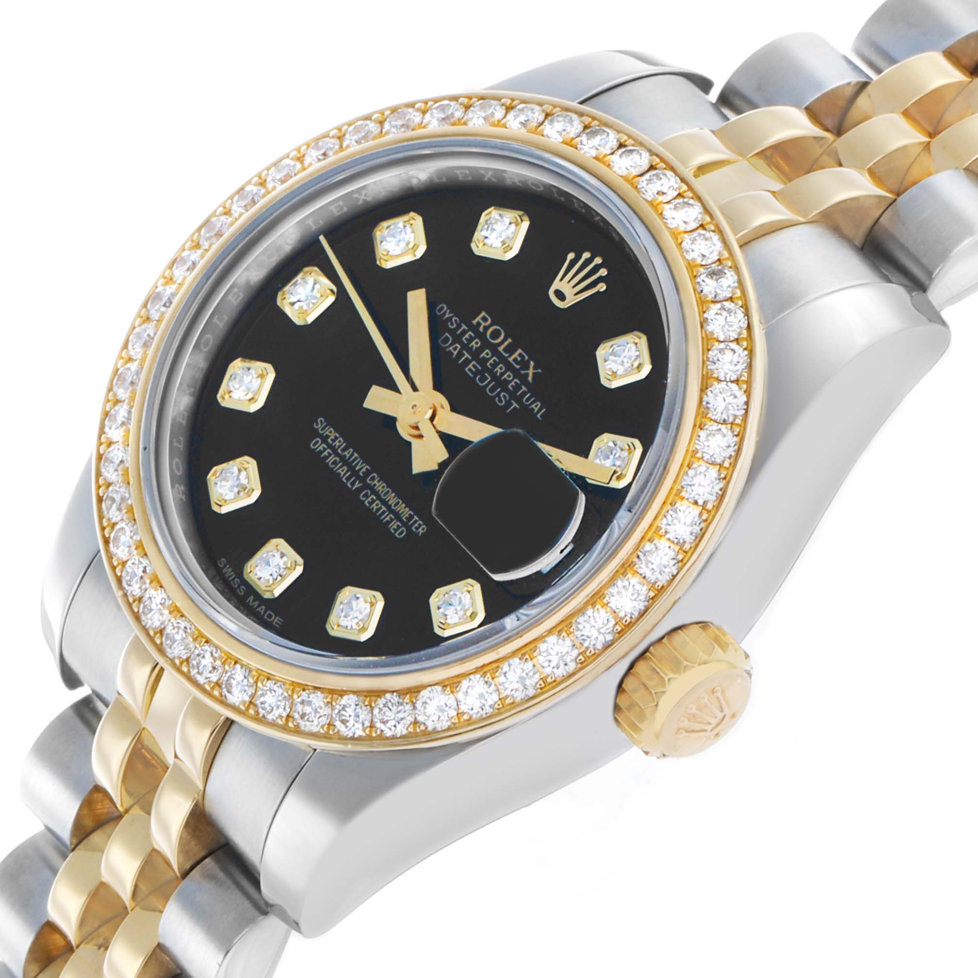 The image shows a Rolex Datejust 179383 Women's Stainless Steel Black Dial watch at a tilted angle, highlighting the diamond-set bezel, black dial, and gold-silver bracelet.