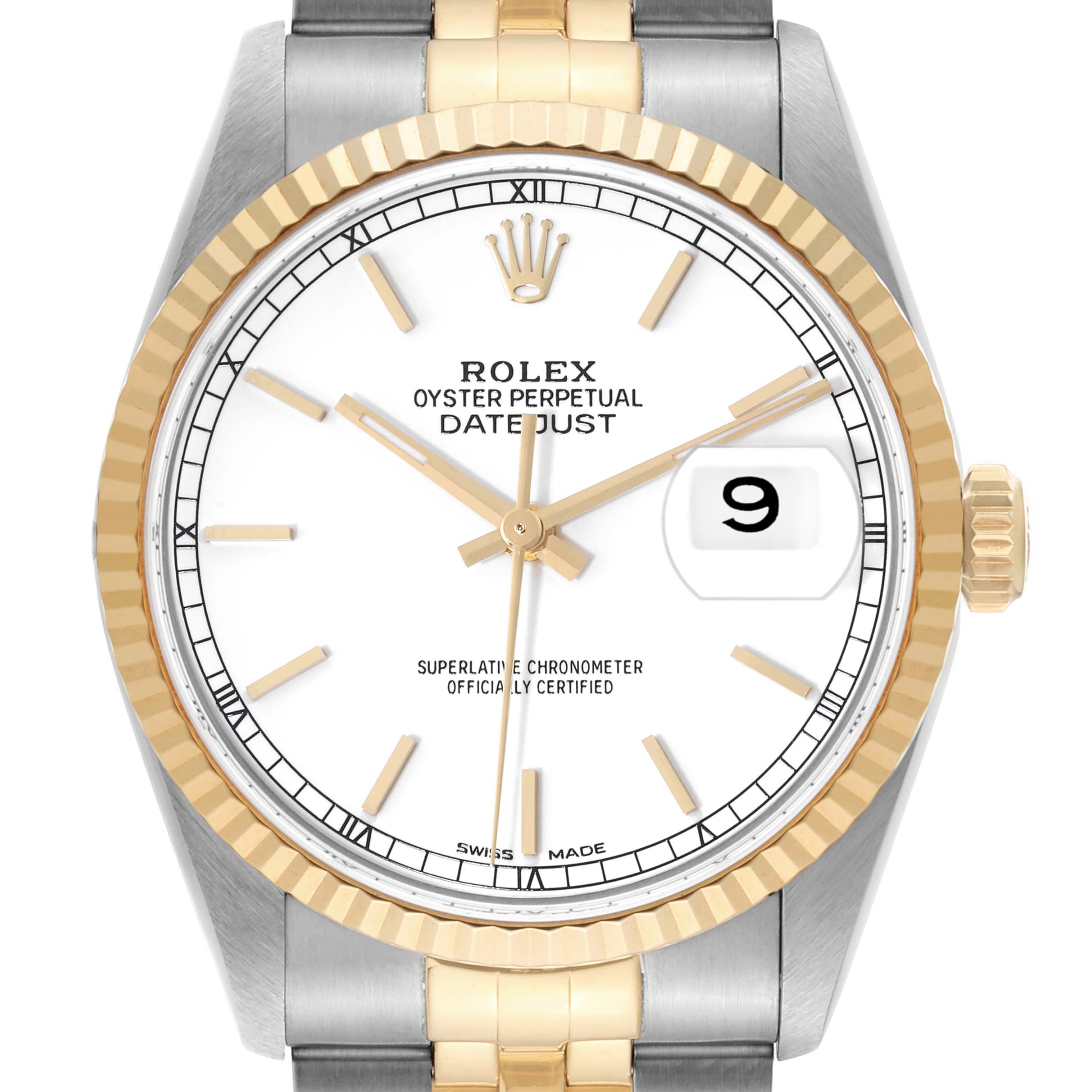 The image shows a front view of the Rolex Datejust 16233 Men's Steel and Gold (two tone) White Dial 16233 Men's Steel and Gold (two tone) White Dial watch, highlighting the dial, bezel, crown, and the first links of the bracelet.