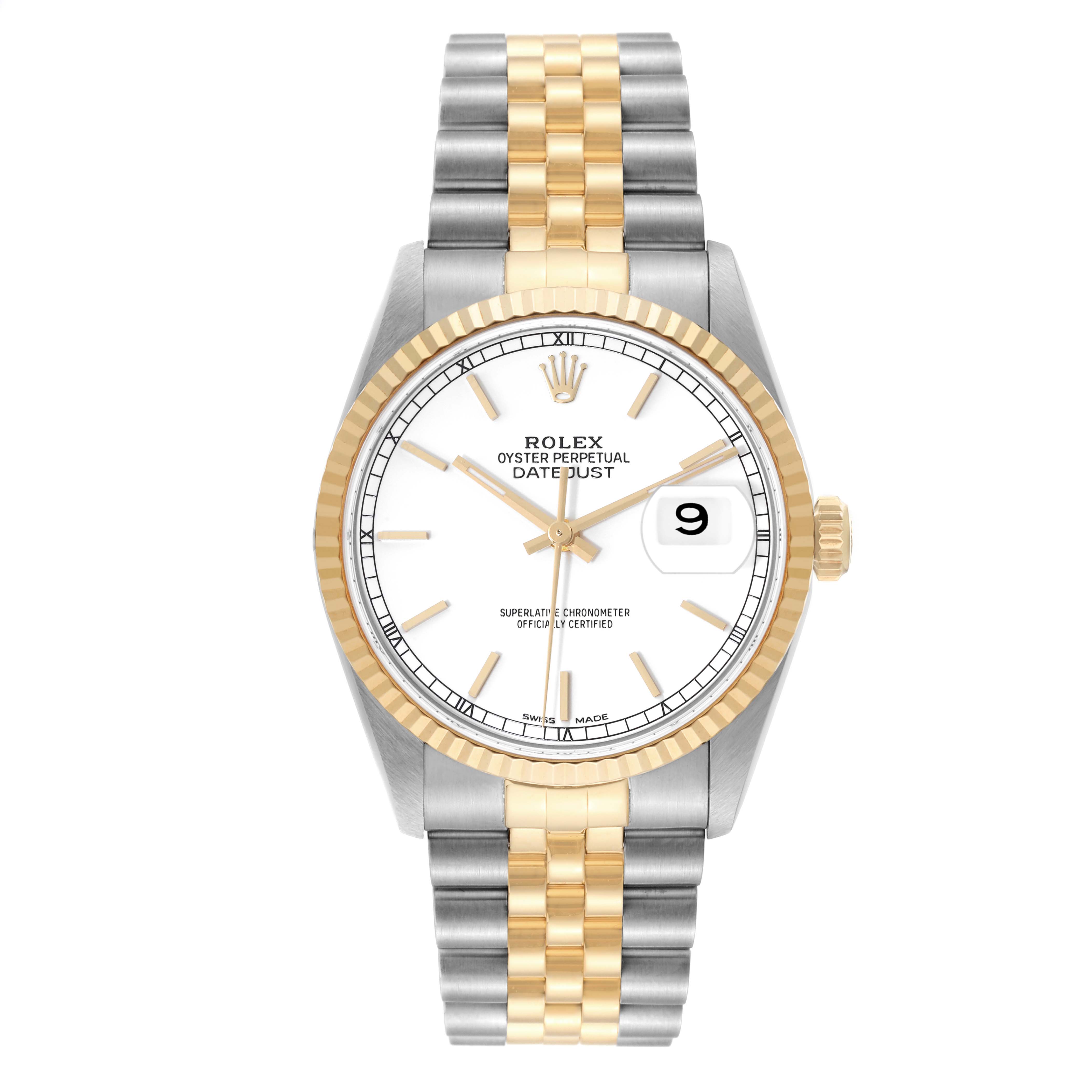 The image shows a front view of a Rolex Datejust 16233 Men's Steel and Gold (two tone) White Dial 16233 Men's Steel and Gold (two tone) White Dial watch, displaying its dial, bezel, crown, and two-tone bracelet.