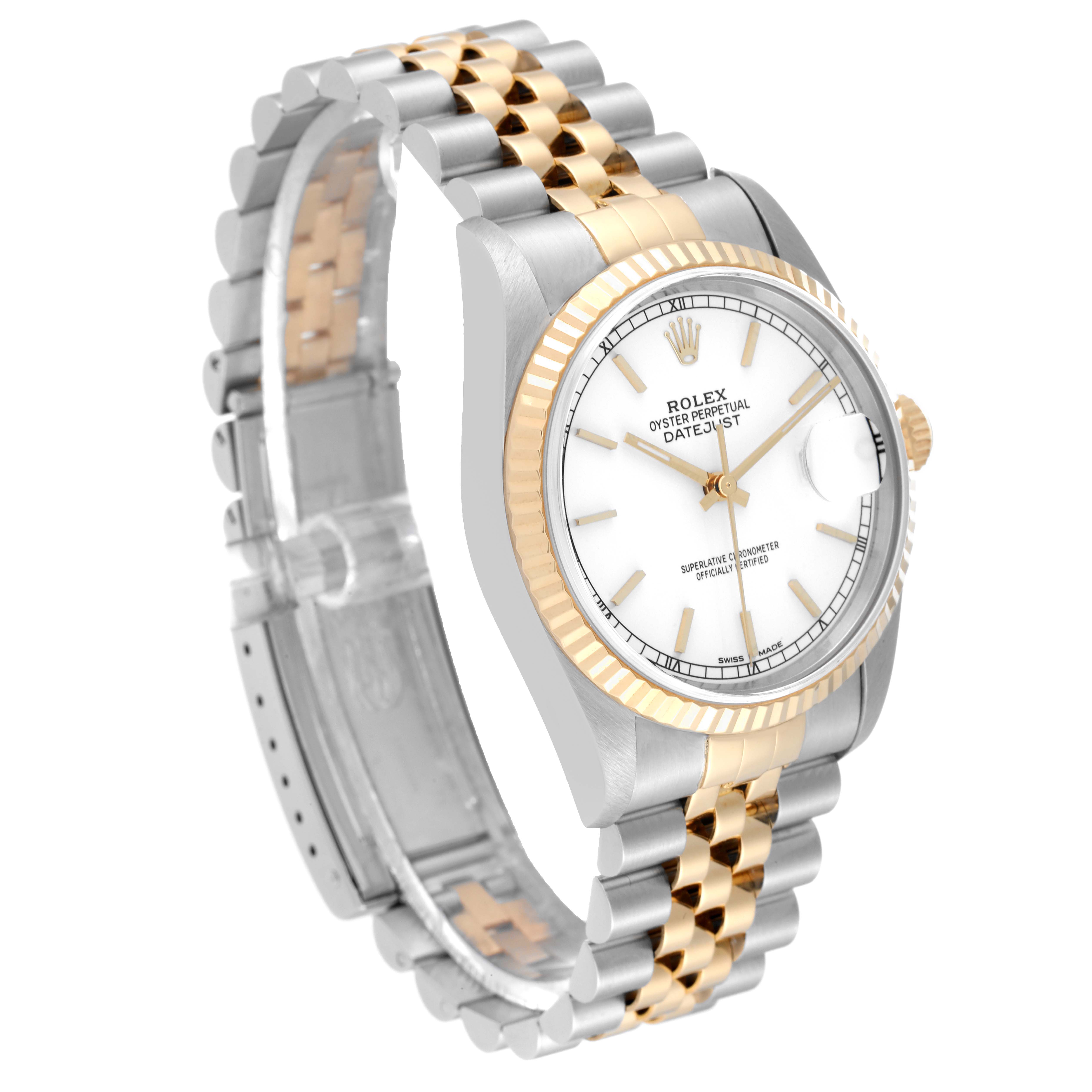 This image shows a Rolex Datejust 16233 Men's Steel and Gold (two tone) White Dial 16233 Men's Steel and Gold (two tone) White Dial watch at a slight angle, displaying the dial, bezel, case, and bracelet.