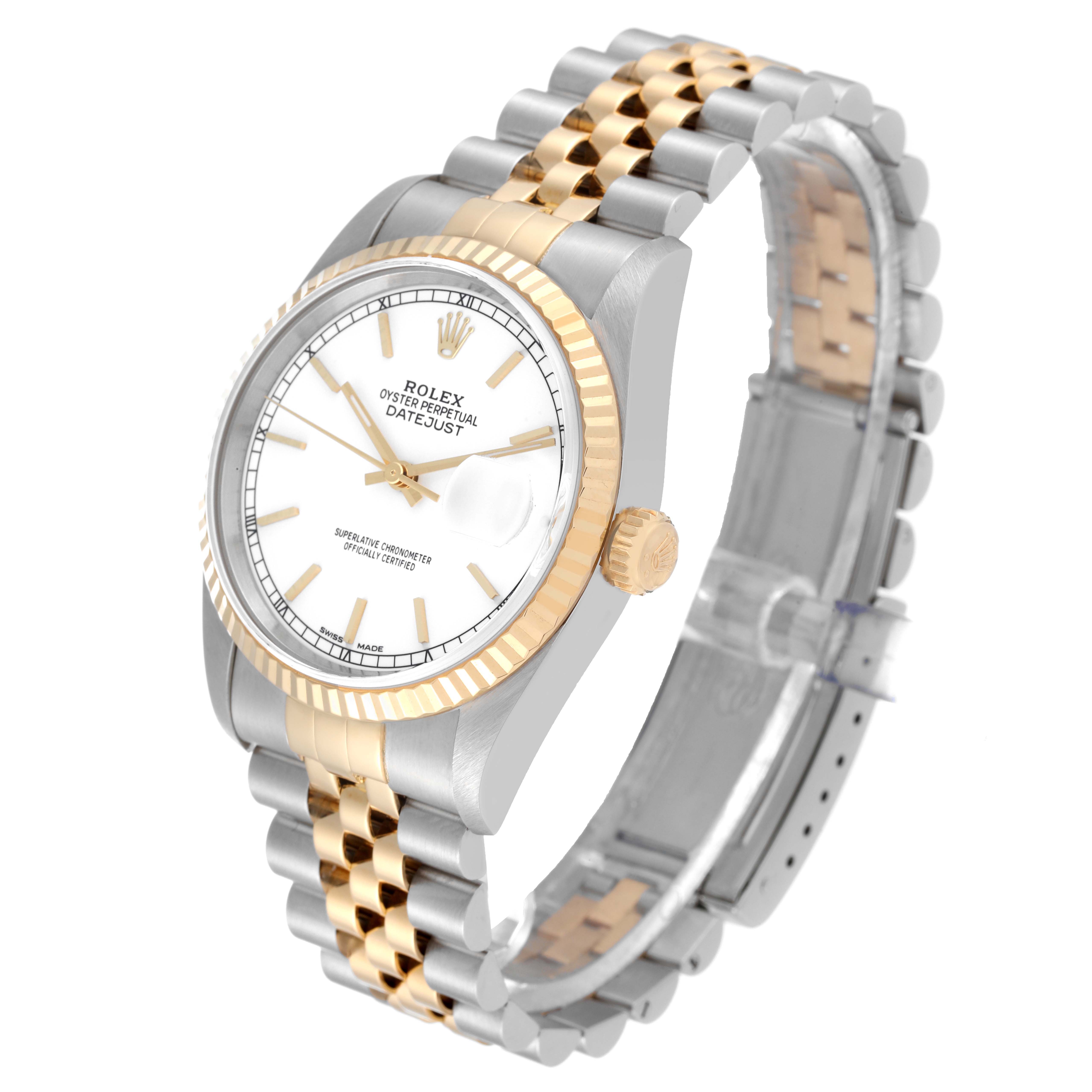 The Rolex Datejust 16233 Men's Steel and Gold (two tone) White Dial 16233 Men's Steel and Gold (two tone) White Dial watch is shown at a 3/4 angle, highlighting the dial, fluted bezel, and two-tone jubilee bracelet.