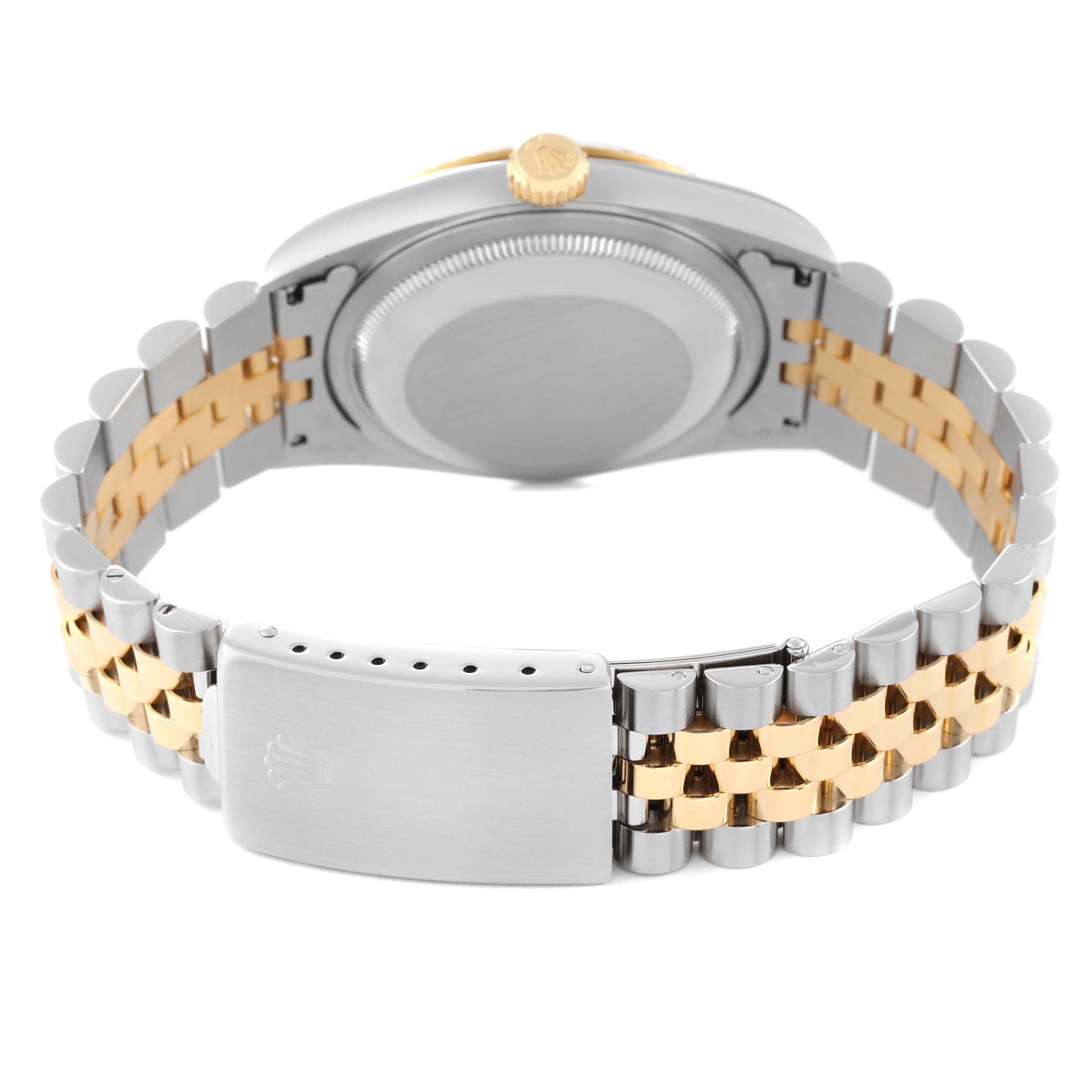 The image shows the back of the Rolex Datejust 16233 Men's Steel and Gold (two tone) White Dial 16233 Men's Steel and Gold (two tone) White Dial watch, highlighting its two-tone bracelet and clasp.