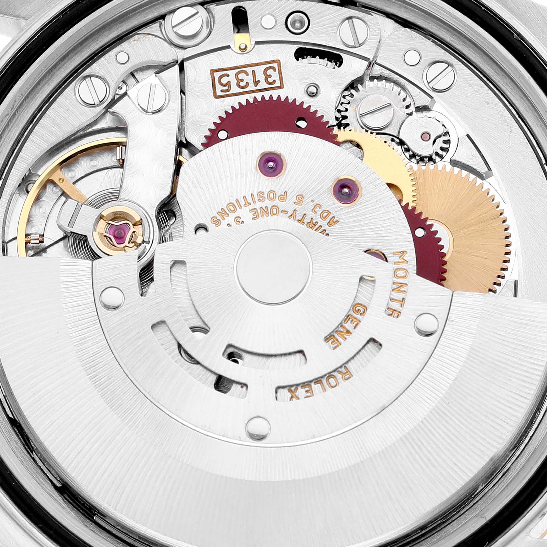 This close-up shot shows the intricate inner workings and parts of the Rolex Datejust 16233 Men's Steel and Gold (two tone) White Dial 16233 Men's Steel and Gold (two tone) White Dial model's movement.