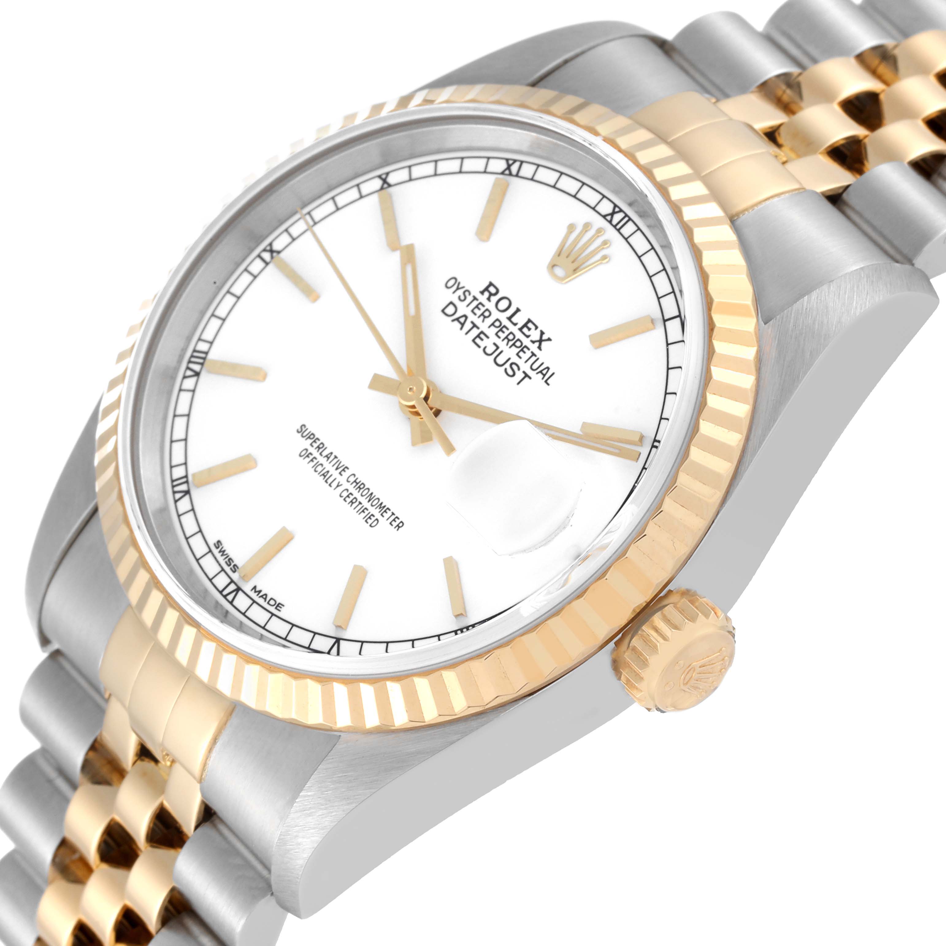 The image shows a close-up angled view of a Rolex Datejust 16233 Men's Steel and Gold (two tone) White Dial 16233 Men's Steel and Gold (two tone) White Dial, highlighting the bezel, dial, crown, and part of the bracelet.