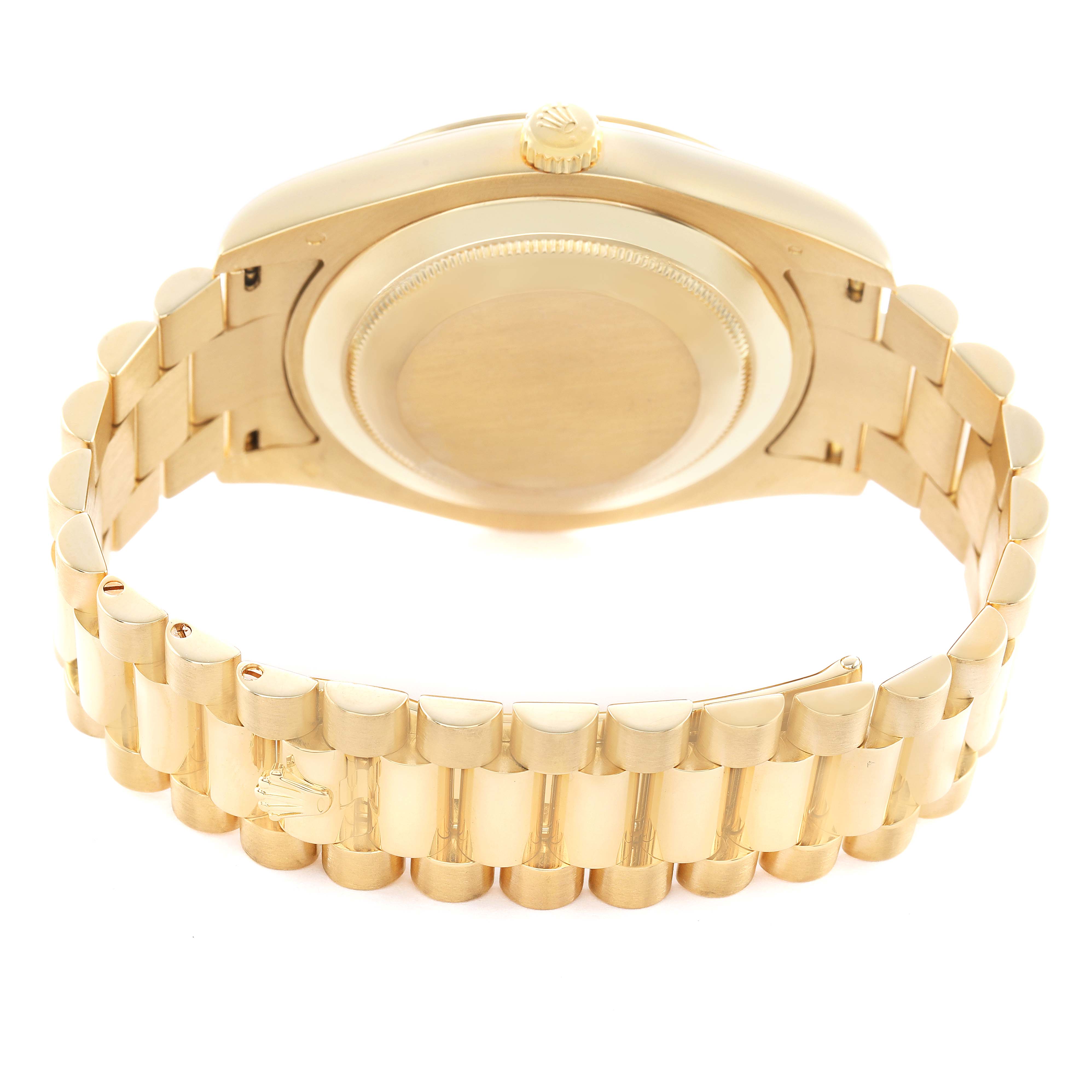 The image shows the back and bracelet of a Rolex President 218238 Men's Yellow Gold White Dial watch, highlighting the case back and clasp.