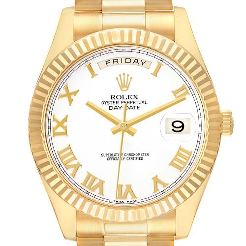 The image shows a frontal view of the Rolex President 218238 Men's Yellow Gold White Dial model, highlighting the white dial, gold hands, Roman numerals, and fluted bezel.