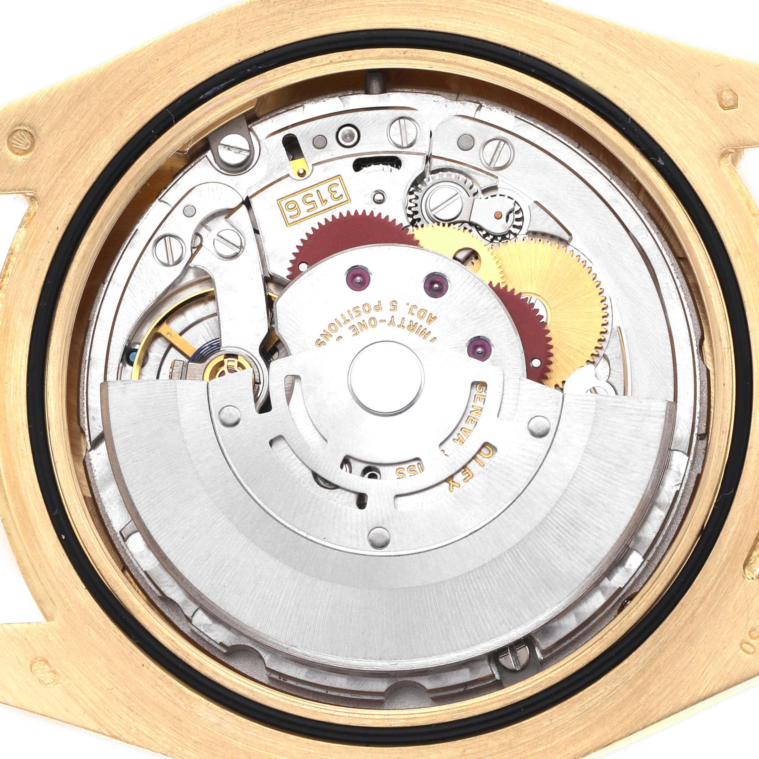 The image shows the back view of a Rolex President 218238 Men's Yellow Gold White Dial model, focusing on its intricate movement and mechanics.