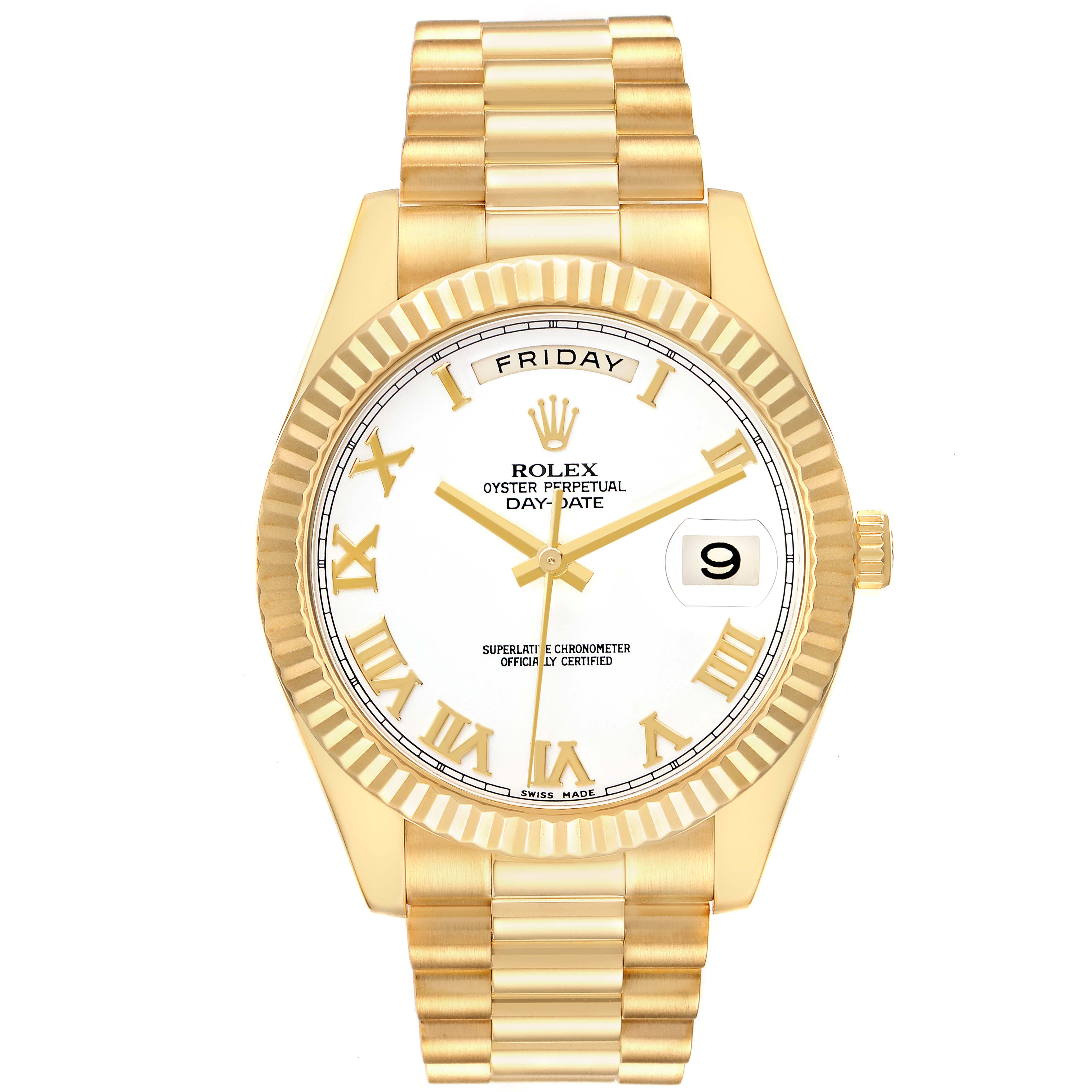 The Rolex President 218238 Men's Yellow Gold White Dial model watch is shown from the front, displaying the face, bezel, crown, and bracelet clearly.