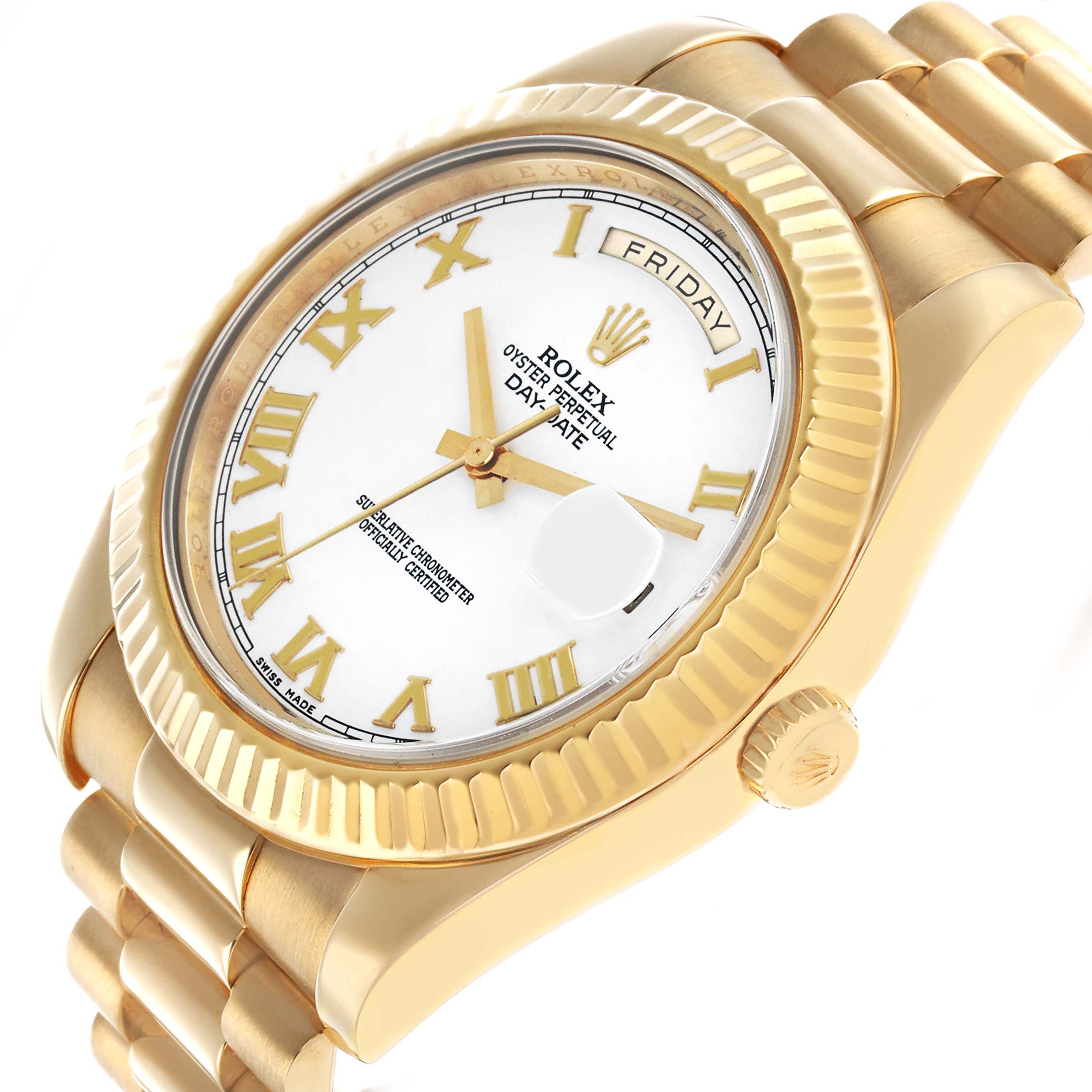 The image shows a Rolex President 218238 Men's Yellow Gold White Dial model watch from an angled side view, highlighting the face, bezel, and part of the bracelet.