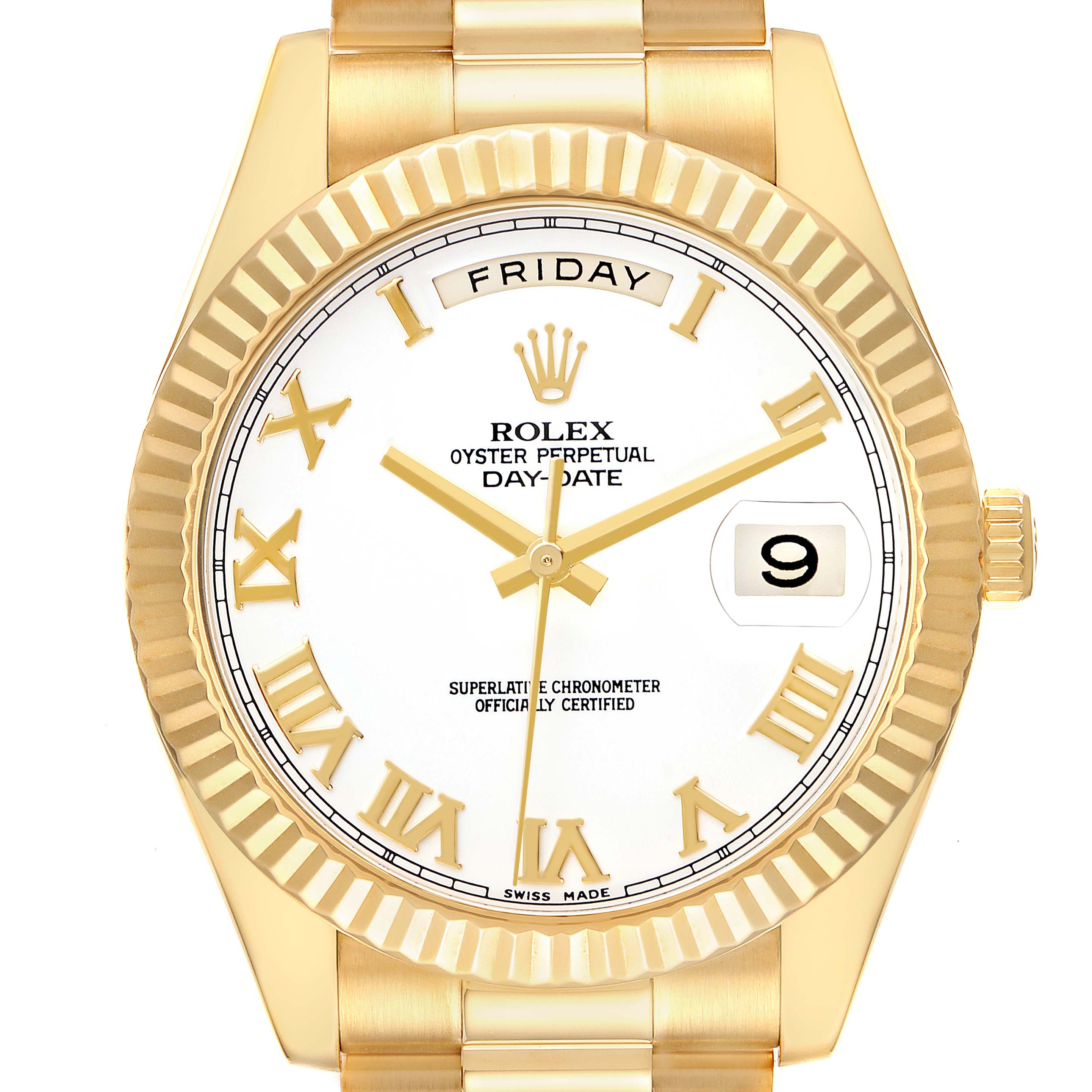 The Rolex President 218238 Men's Yellow Gold White Dial model is shown from a front view, highlighting the dial, bezel, hands, day, and date features.
