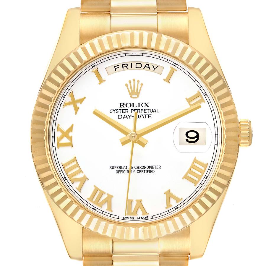 The Rolex President 218238 Men's Yellow Gold White Dial model is shown from a front view, highlighting the dial, bezel, hands, day, and date features.
