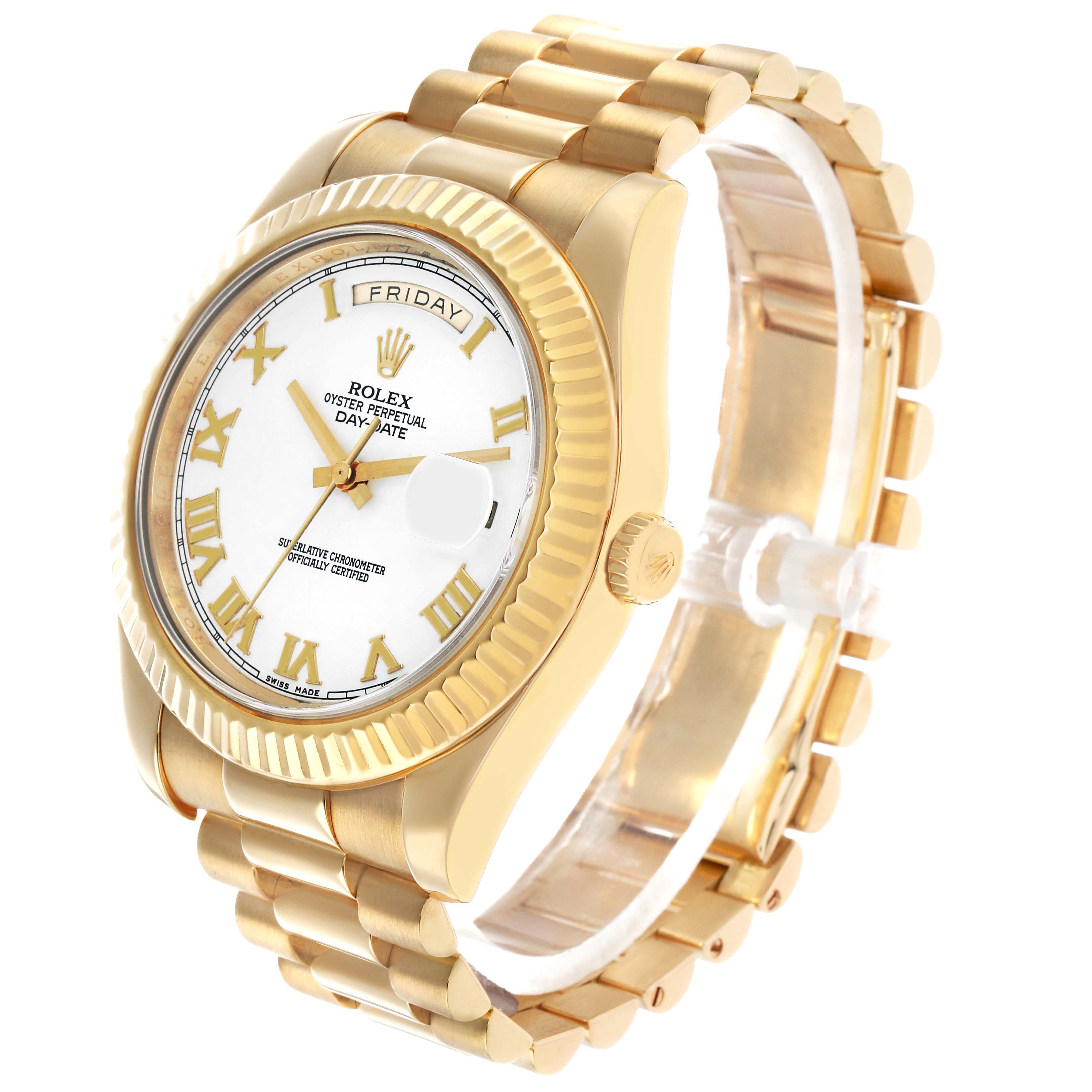 The Rolex President 218238 Men's Yellow Gold White Dial model watch is shown at a slightly tilted angle, displaying the face, bezel, bracelet, and crown.