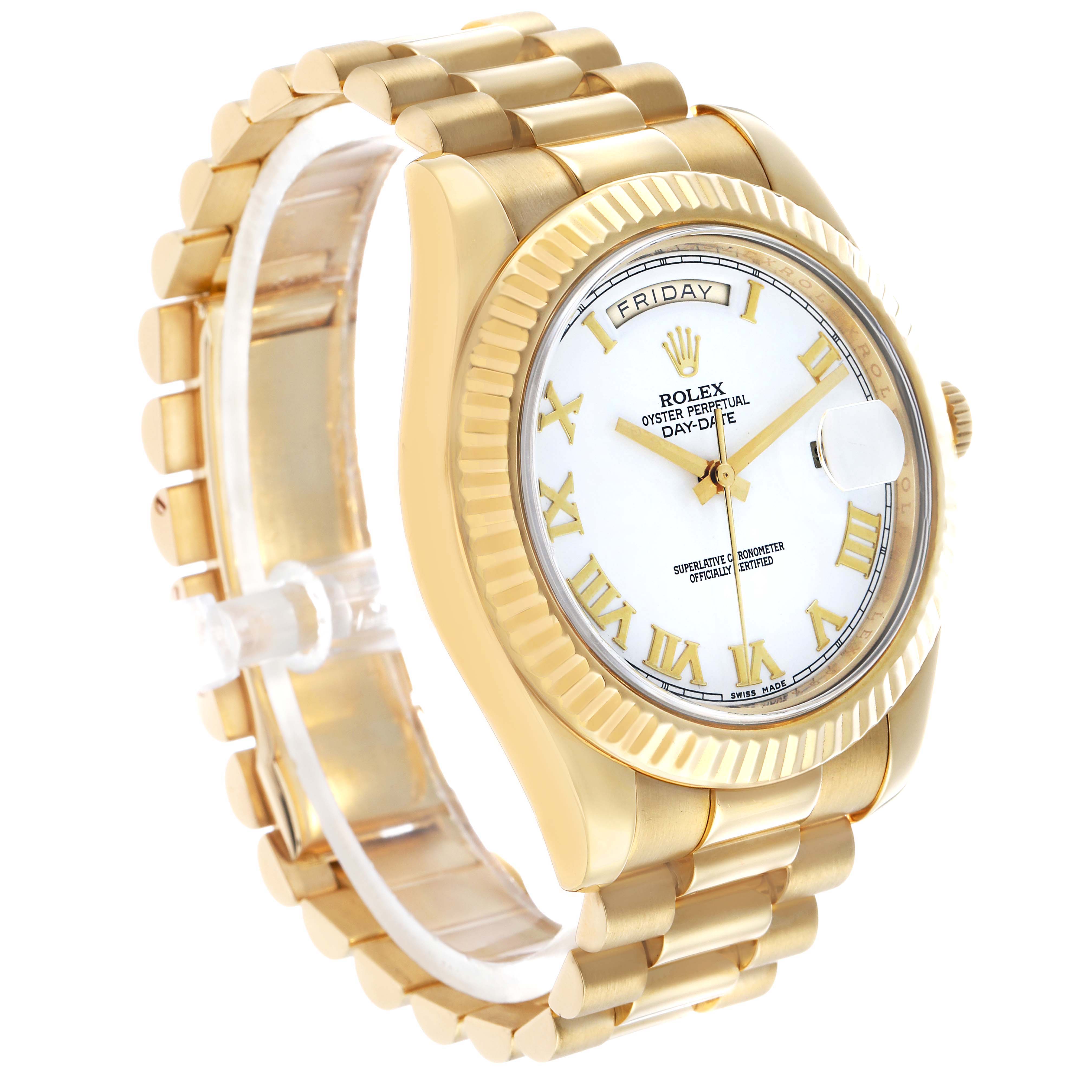 The Rolex President 218238 Men's Yellow Gold White Dial model watch is shown at a three-quarter angle, highlighting its bracelet, face, and fluted bezel.