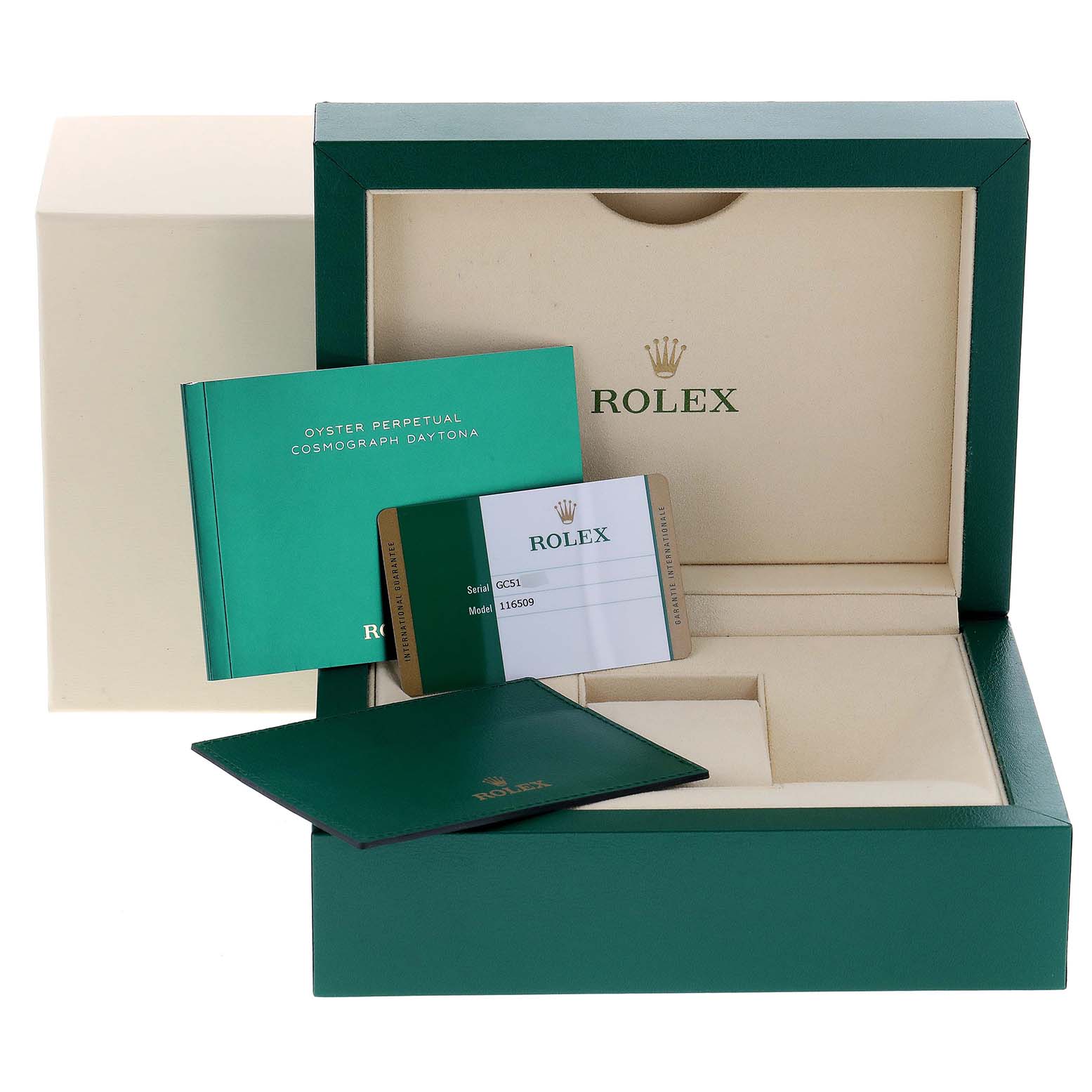 The image shows the packaging, booklet, and warranty card for the Rolex Daytona 116509 Men's White Gold Blue Dial 116509 Men's White Gold Blue Dial model.