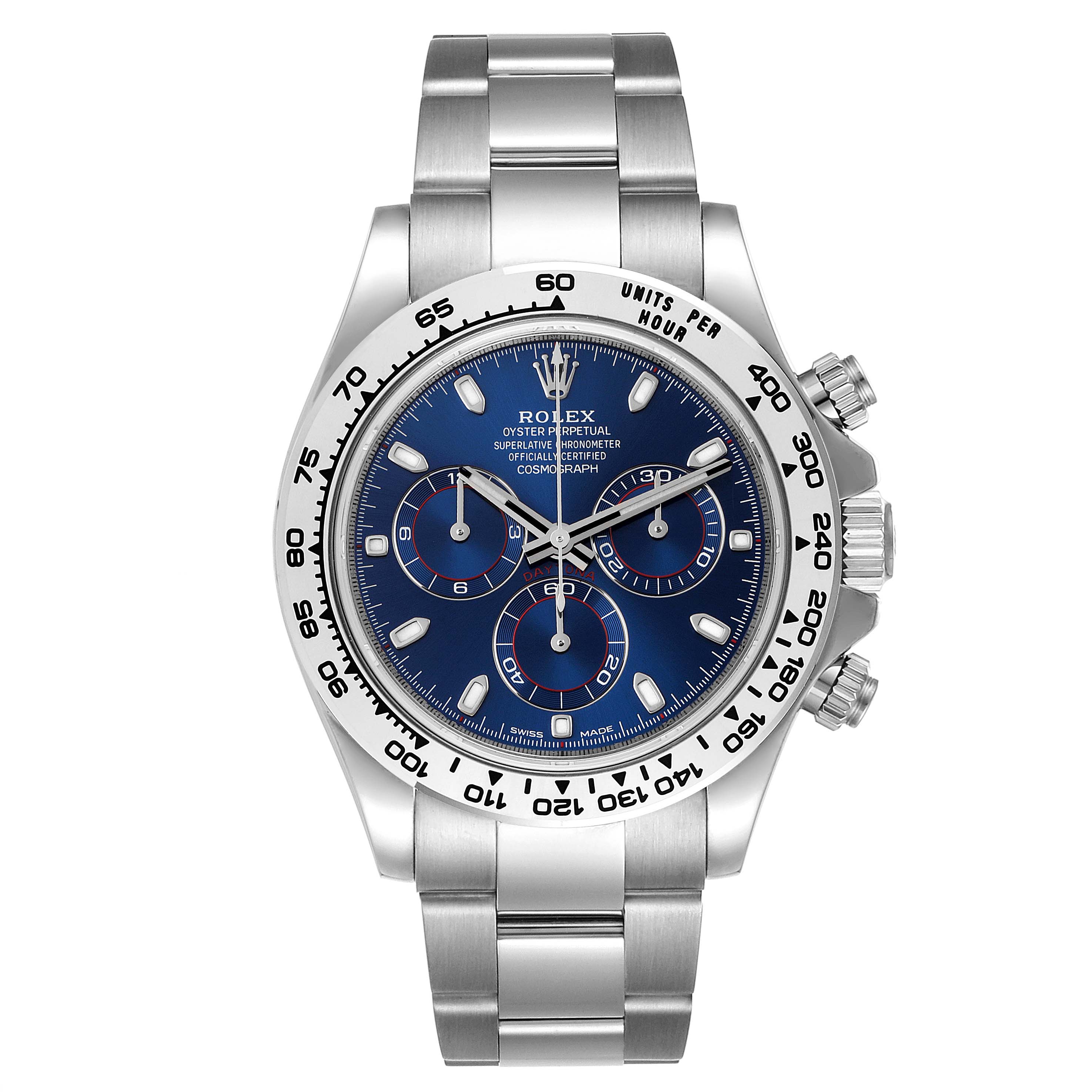 This image shows a front view of a Rolex Daytona 116509 Men's White Gold Blue Dial 116509 Men's White Gold Blue Dial watch, displaying the dial, bracelet, bezel, and chronograph subdials.