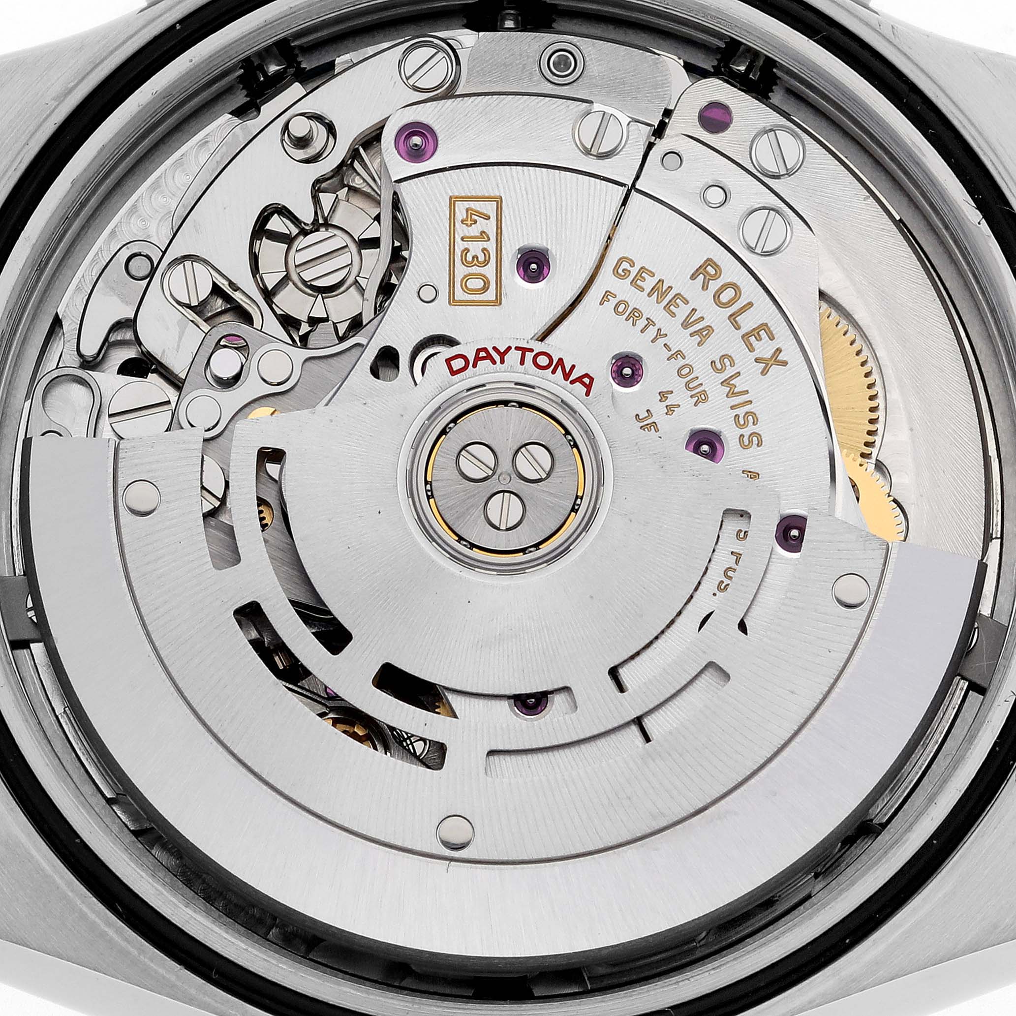 The image shows the movement and rotor of a Rolex Daytona 116500LN Men's Stainless Steel White Dial 116500LN Men's Stainless Steel White Dial watch from a rear, internal angle.
