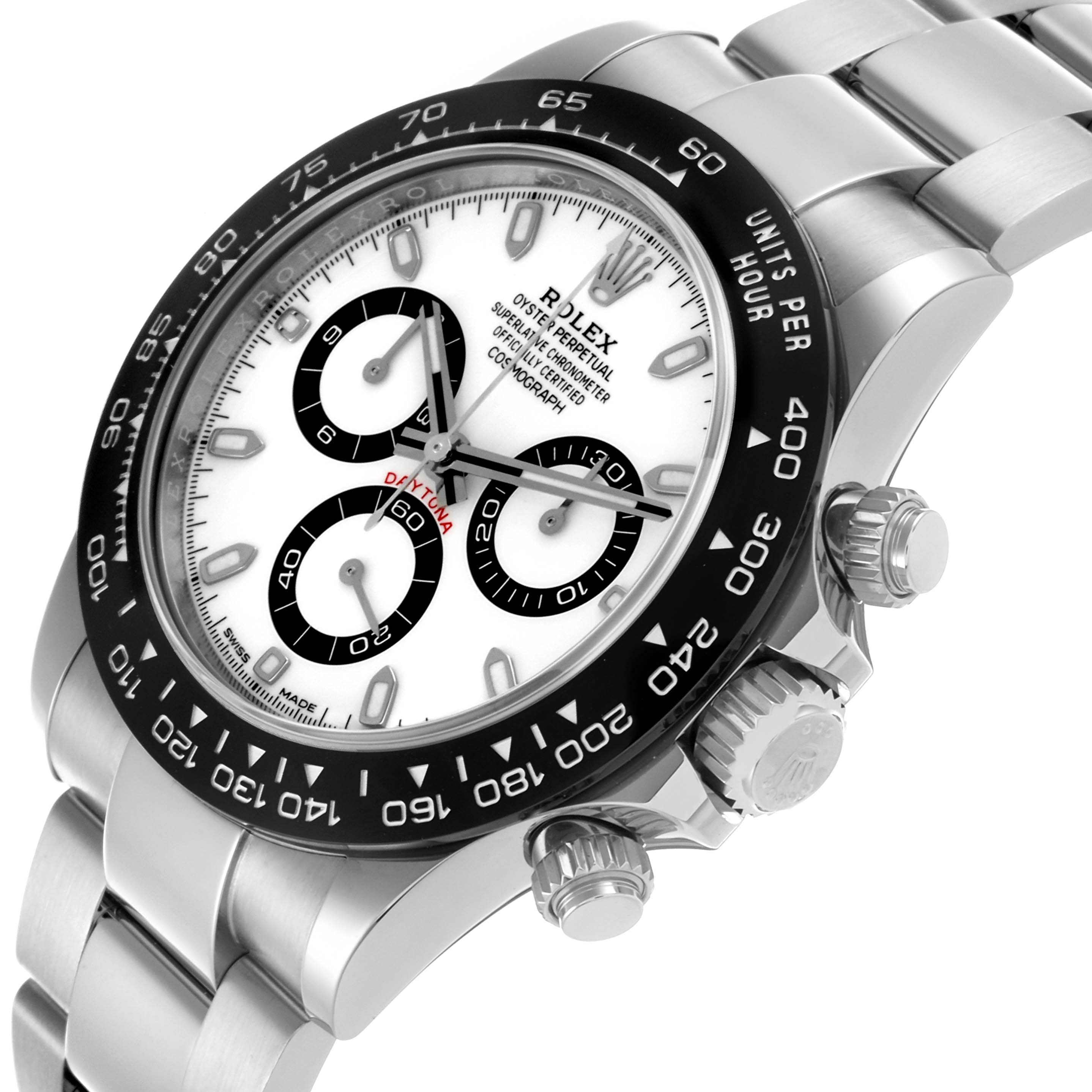 This image shows a Rolex Daytona 116500LN Men's Stainless Steel White Dial 116500LN Men's Stainless Steel White Dial watch at an angled close-up, highlighting its black bezel, subdials, crown, and part of the bracelet.