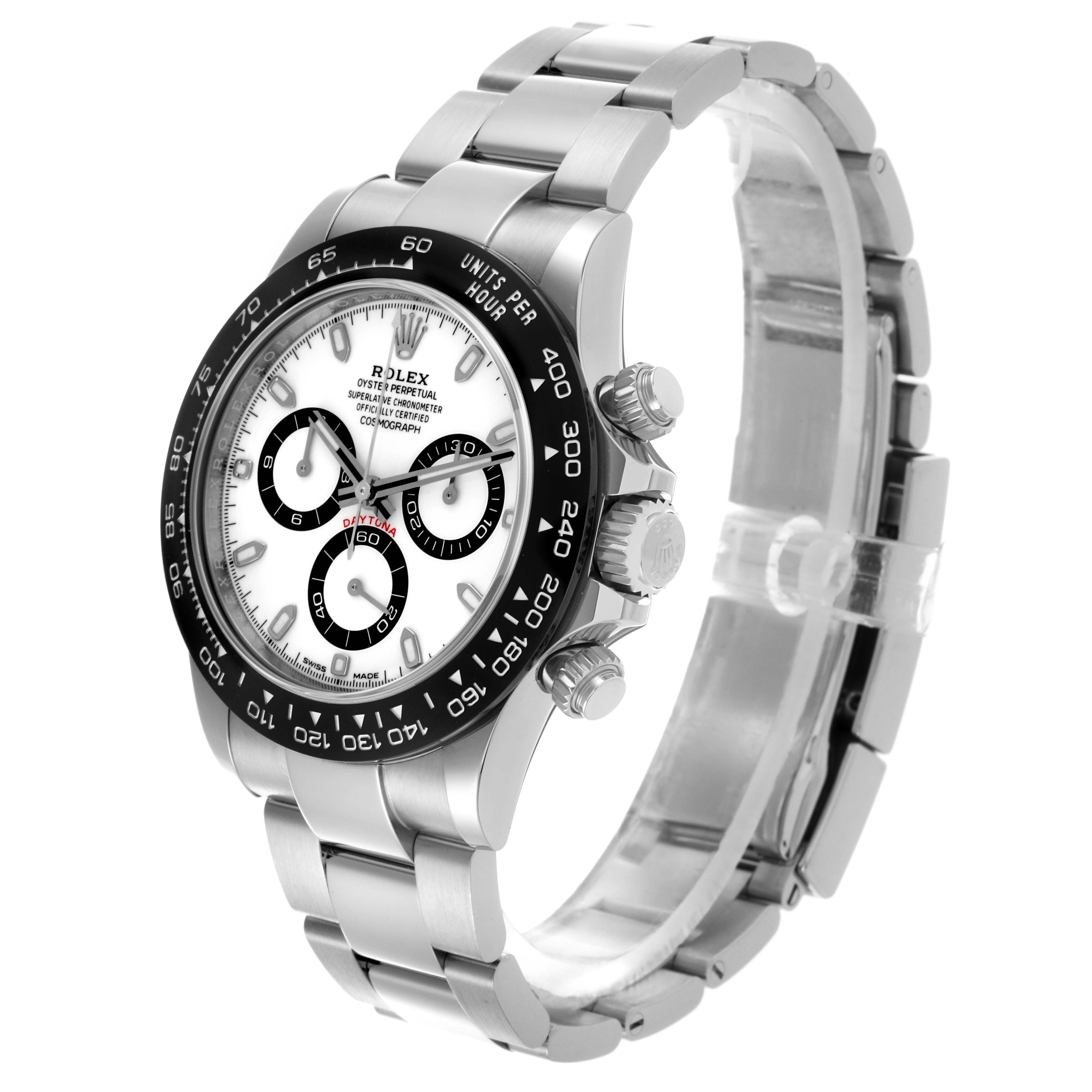 The Rolex Daytona 116500LN Men's Stainless Steel White Dial 116500LN Men's Stainless Steel White Dial is shown in a three-quarter view, highlighting the bezel, dial, crown, and bracelet.