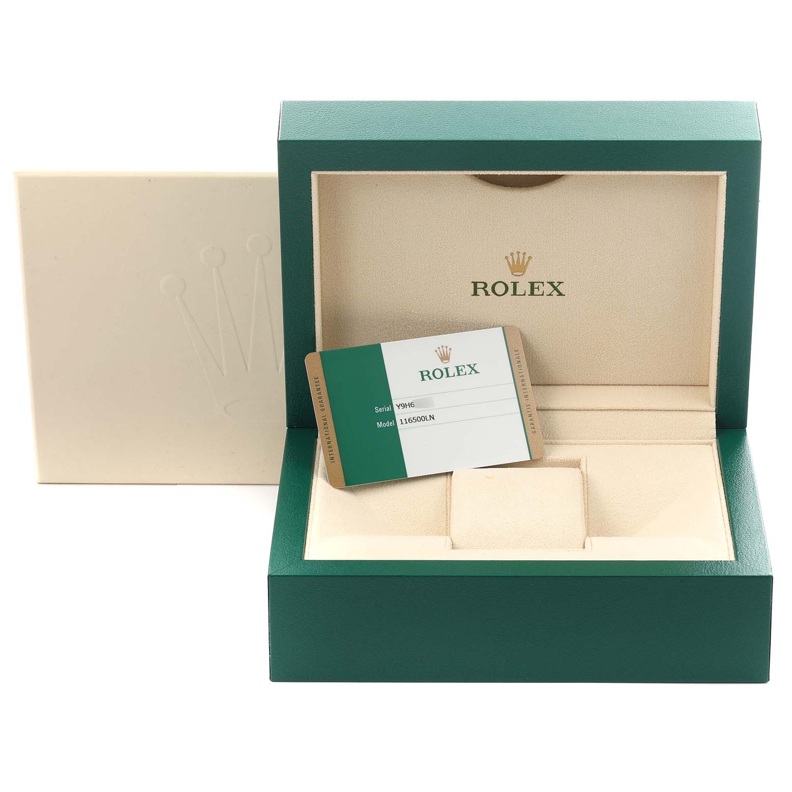 The image shows a Rolex Daytona 116500LN Men's Stainless Steel White Dial 116500LN Men's Stainless Steel White Dial watch box and card, with the box open displaying the interior.