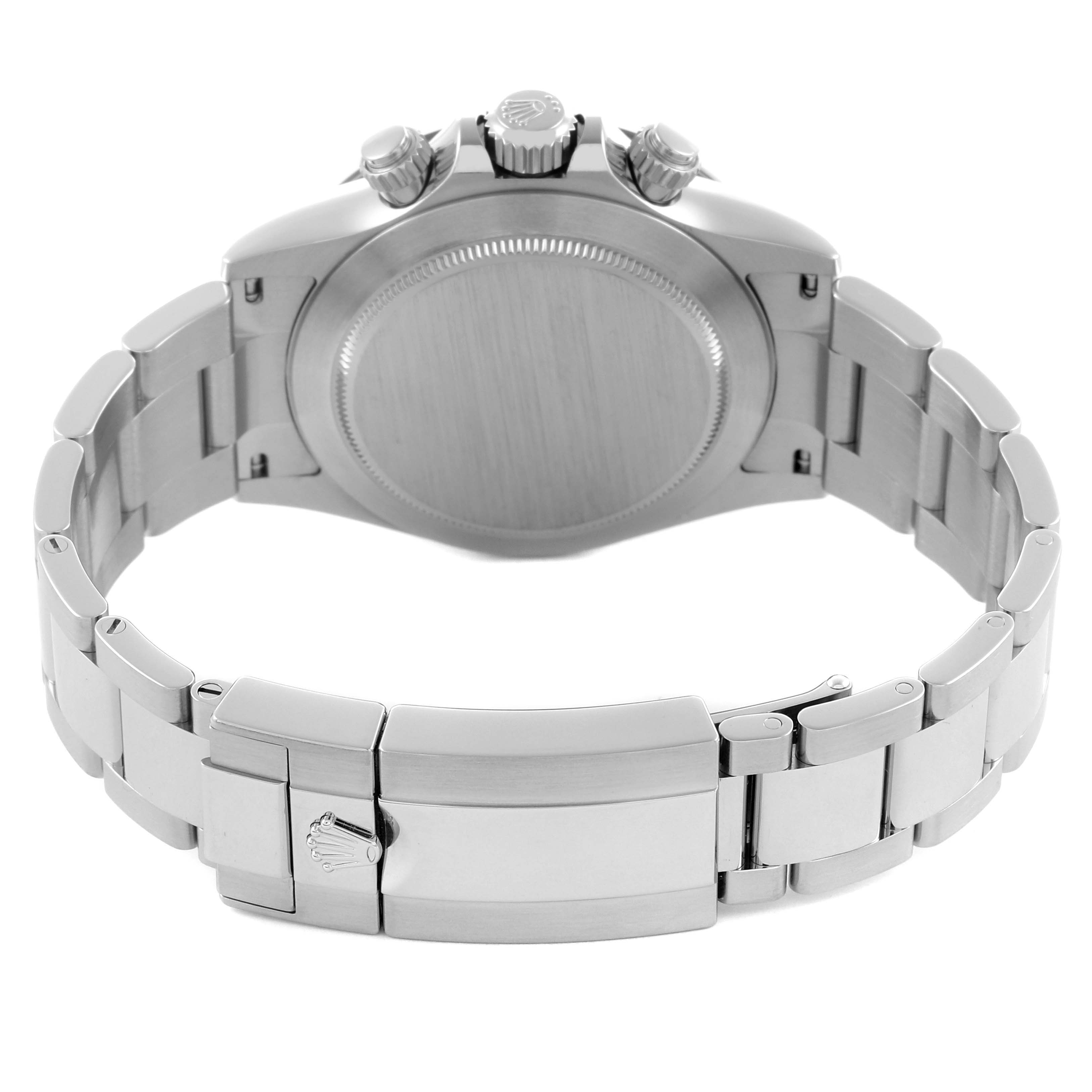 The Rolex Daytona 116500LN Men's Stainless Steel White Dial 116500LN Men's Stainless Steel White Dial watch is shown from the back, highlighting the clasp and part of the strap.