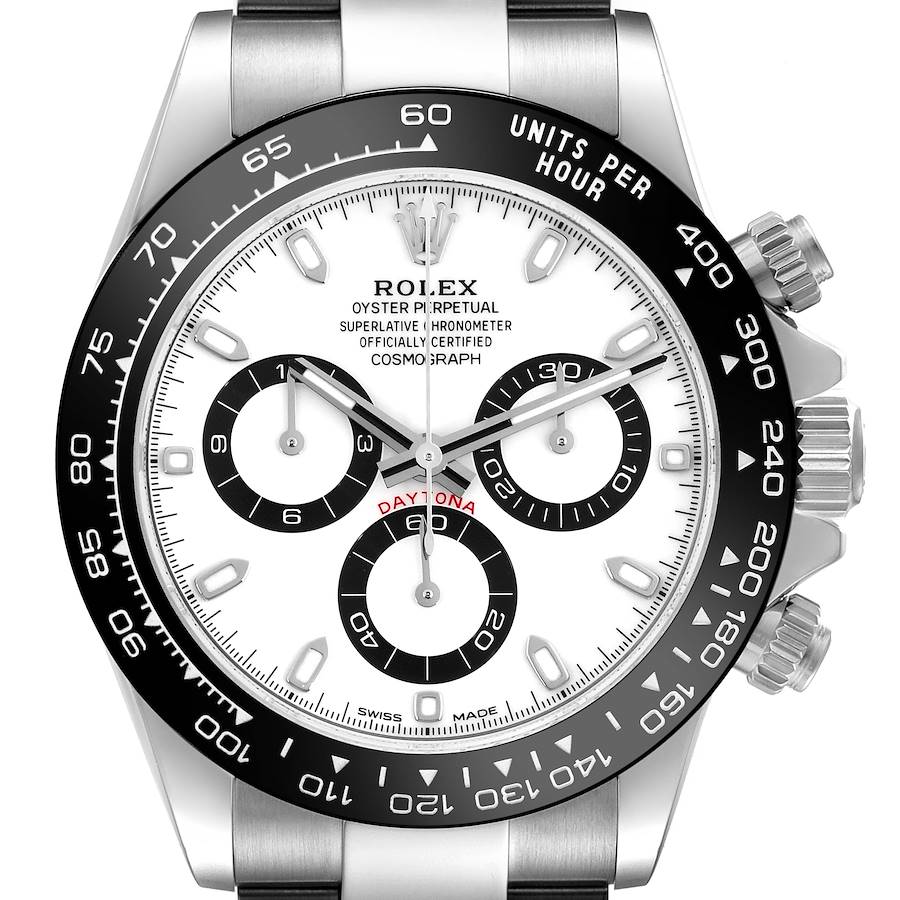 The Rolex Daytona watch is shown from a frontal angle, highlighting the dial, bezel, and crown.