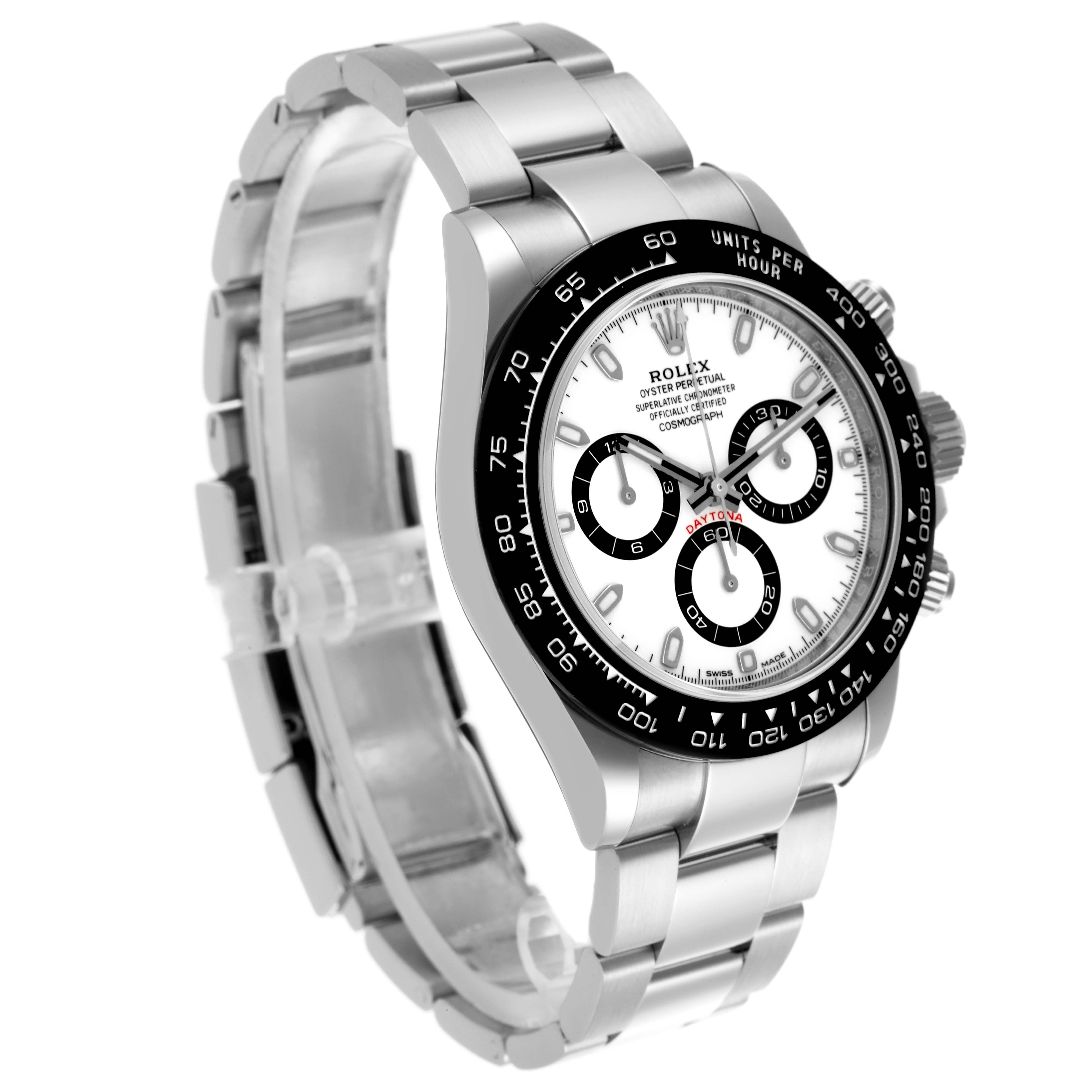 The Rolex Daytona 116500LN Men's Stainless Steel White Dial 116500LN Men's Stainless Steel White Dial is shown at a 3/4 angle, highlighting the bezel, face, and stainless steel bracelet.
