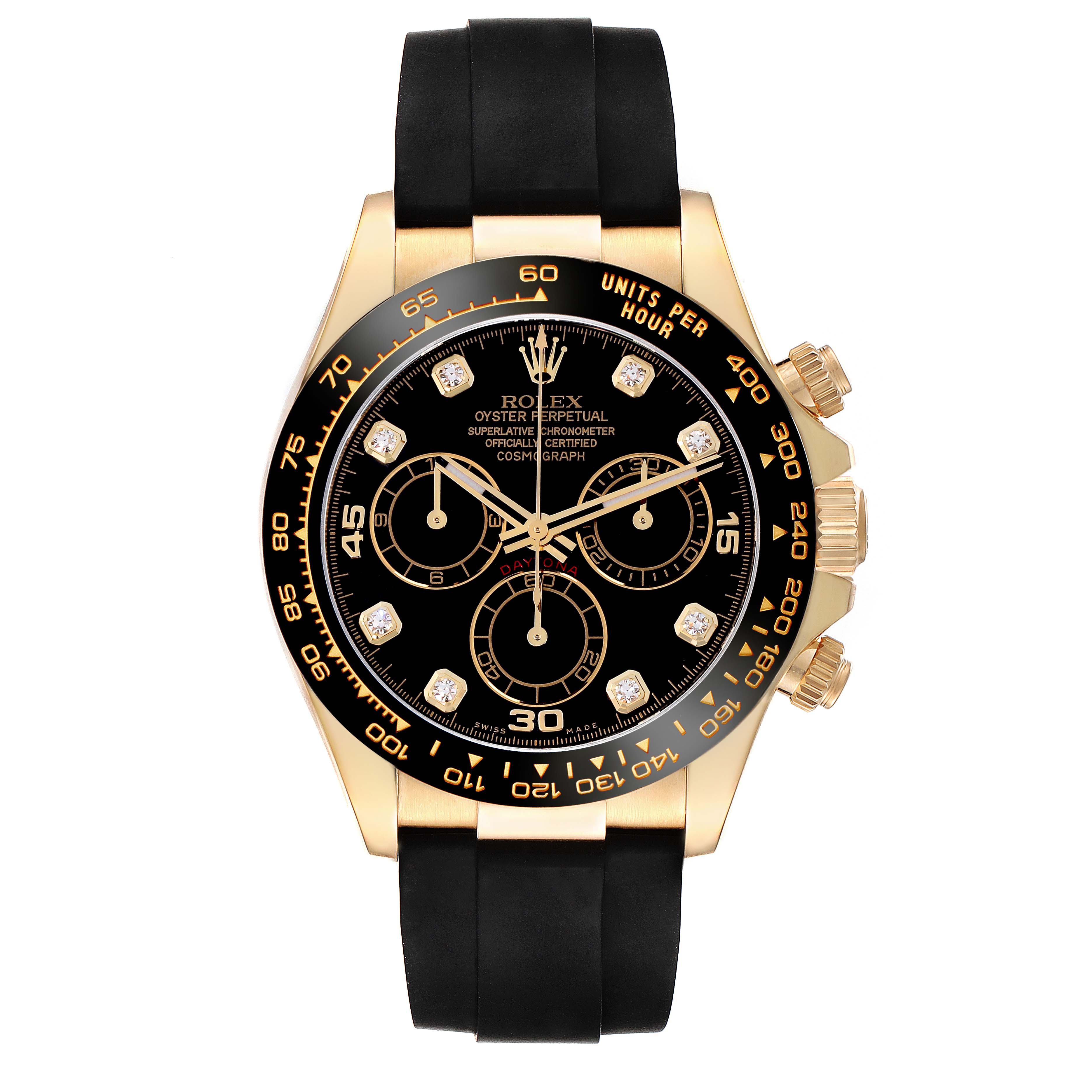 The Rolex Daytona 116518 Men
s Yellow Gold Black Dial 116518 Men
s Yellow Gold Black Dial watch is shown from the front, displaying the face, bezel, crown, and pushers.