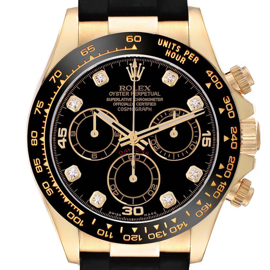 The Rolex Daytona watch is shown from a front angle, highlighting the black dial and gold bezel.