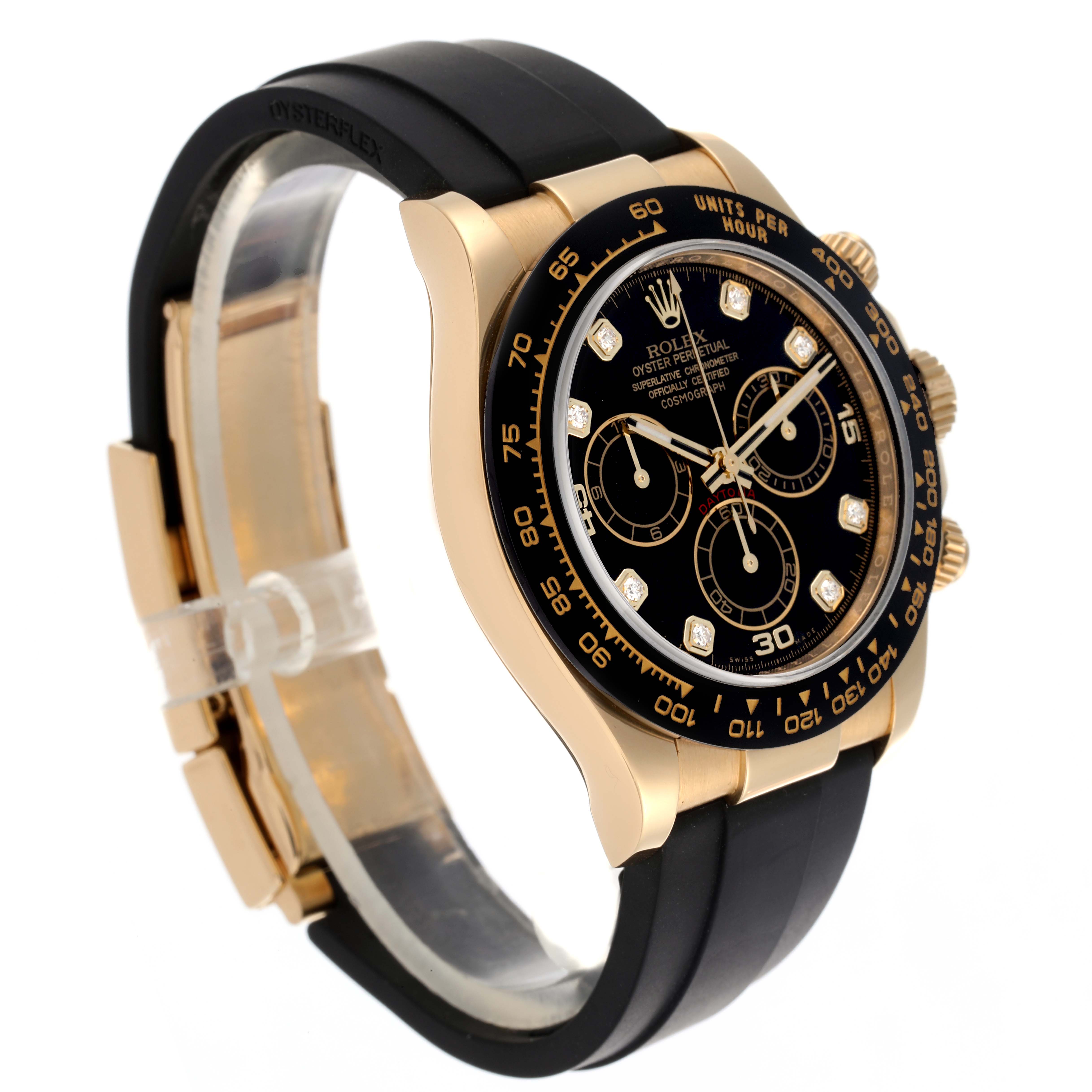 The Rolex Daytona 116518 Men
s Yellow Gold Black Dial 116518 Men
s Yellow Gold Black Dial watch is shown at an angled side view, highlighting its case, bezel, dial, and strap.