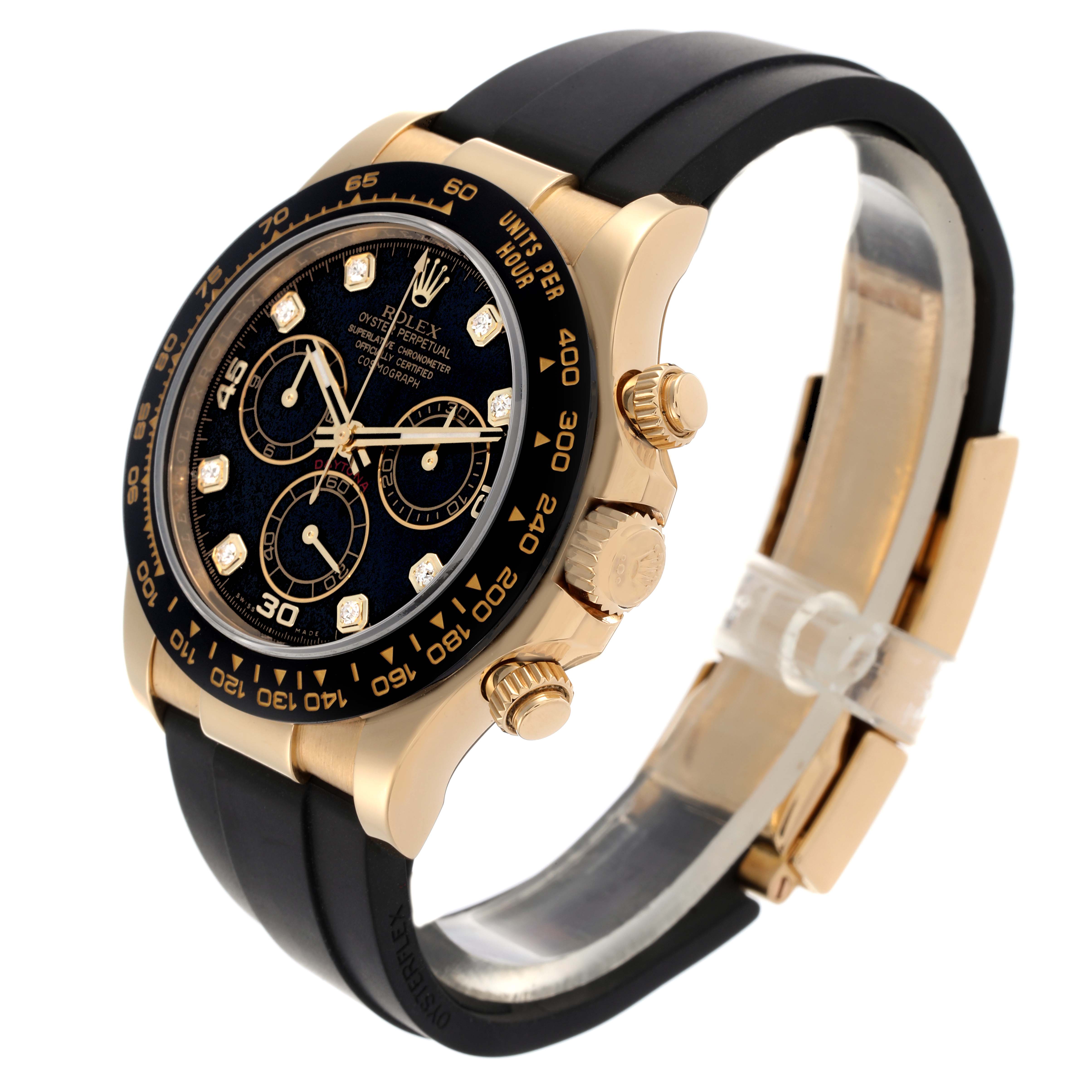 The Rolex Daytona 116518 Men
s Yellow Gold Black Dial 116518 Men
s Yellow Gold Black Dial is shown from a side angle, displaying the face, bezel, crown, pushers, and part of the strap.