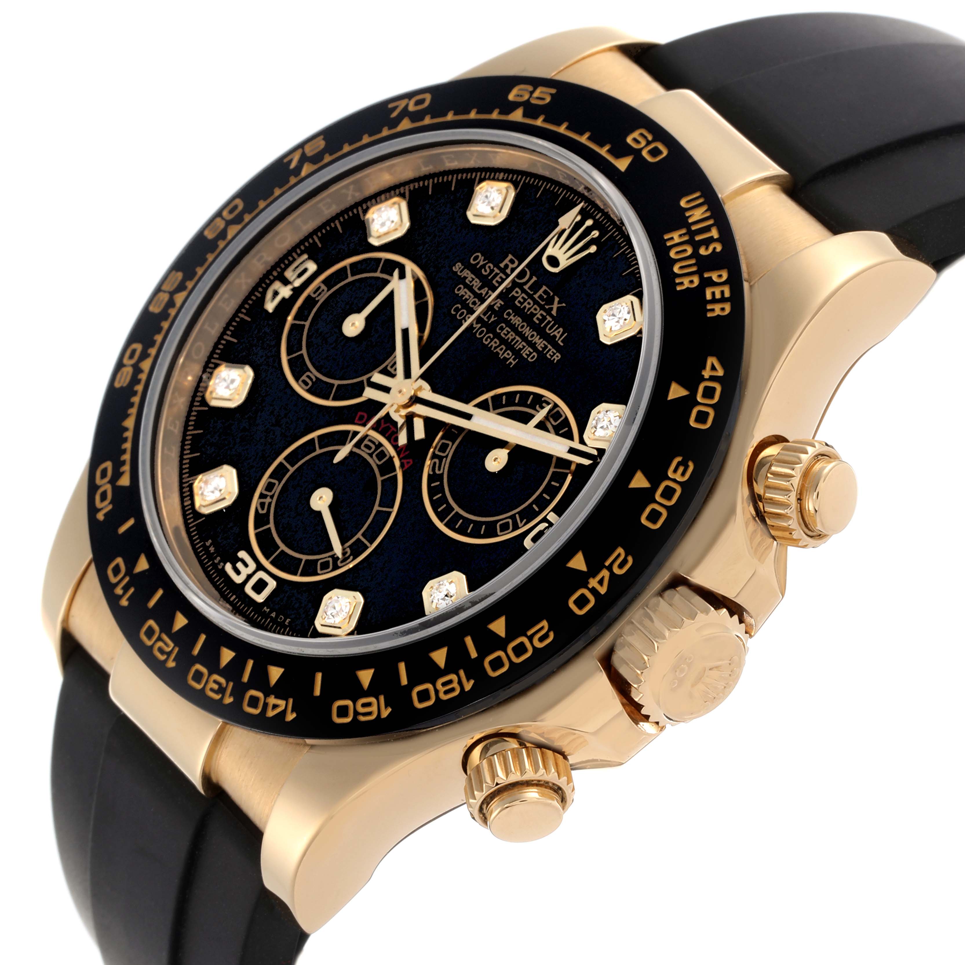 The Rolex Daytona 116518 Men
s Yellow Gold Black Dial 116518 Men
s Yellow Gold Black Dial watch is shown at an angle displaying the face, bezel, crown, and pushers, highlighting its intricate design.