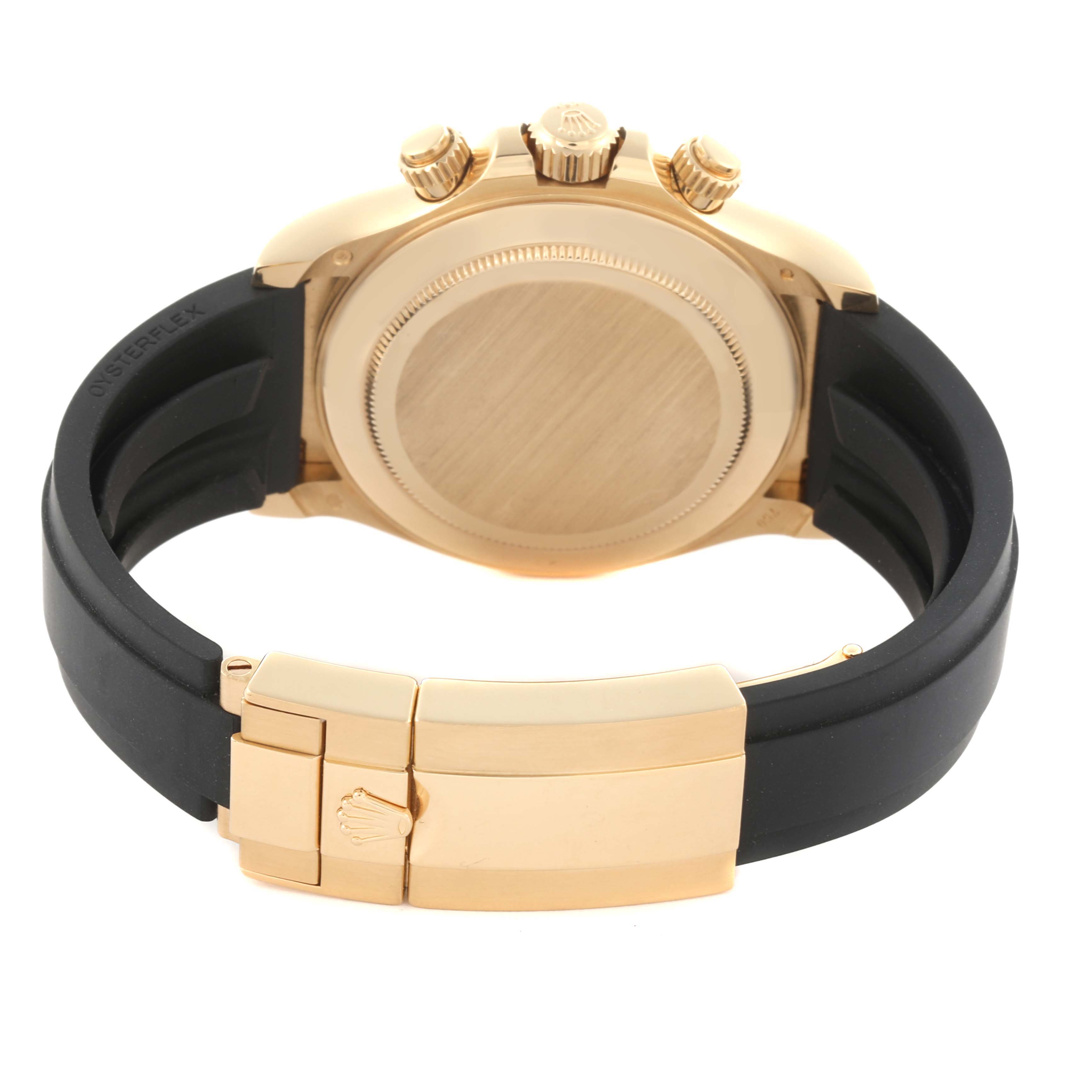 This image shows the back of a Rolex Daytona 116518 Men
s Yellow Gold Black Dial 116518 Men
s Yellow Gold Black Dial watch, highlighting the clasp, case back, and pushers from a rear angle.