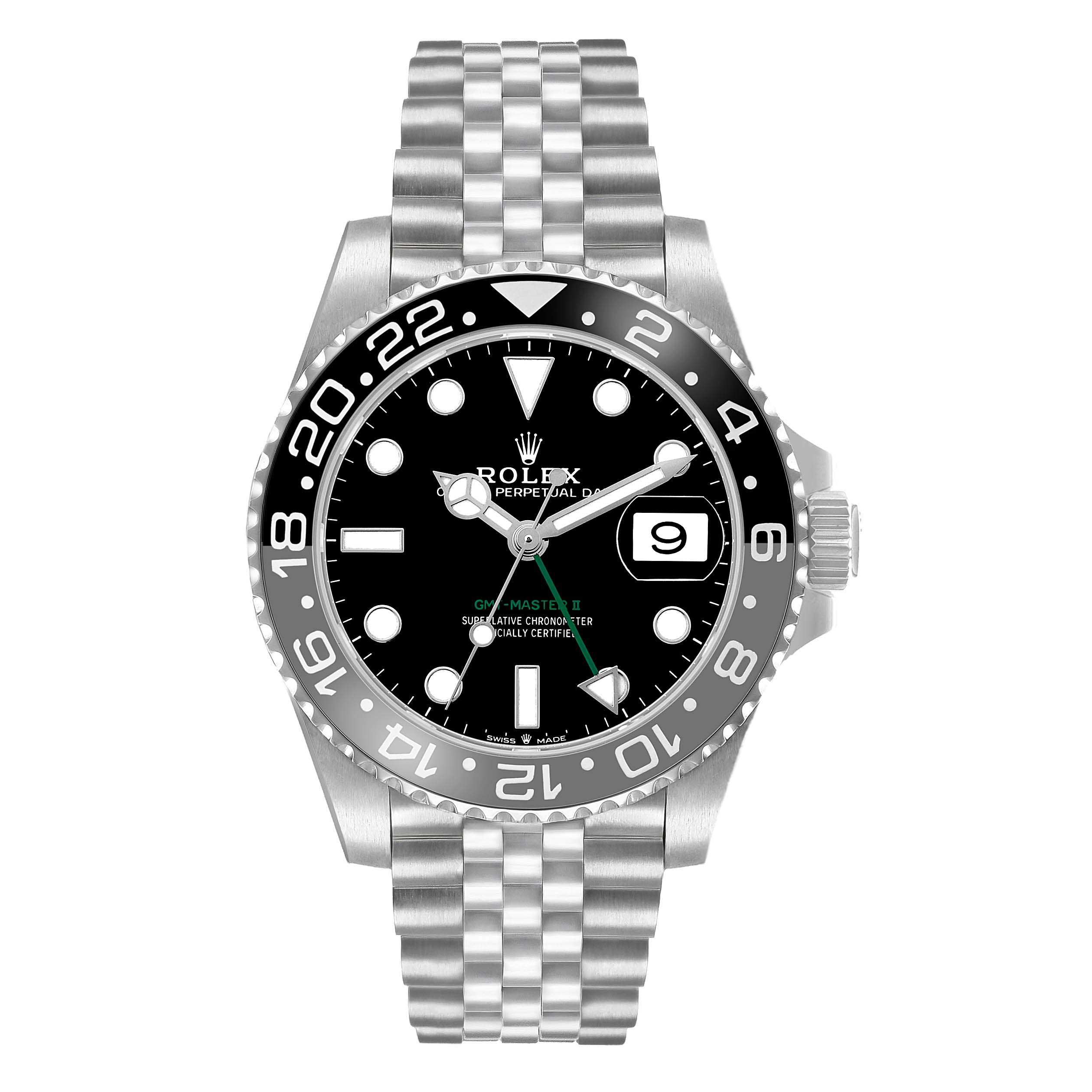 The Rolex GMT-Master 126710 Men's Stainless Steel Black Dial watch is shown from a top view, displaying its bezel, dial, and Jubilee bracelet.