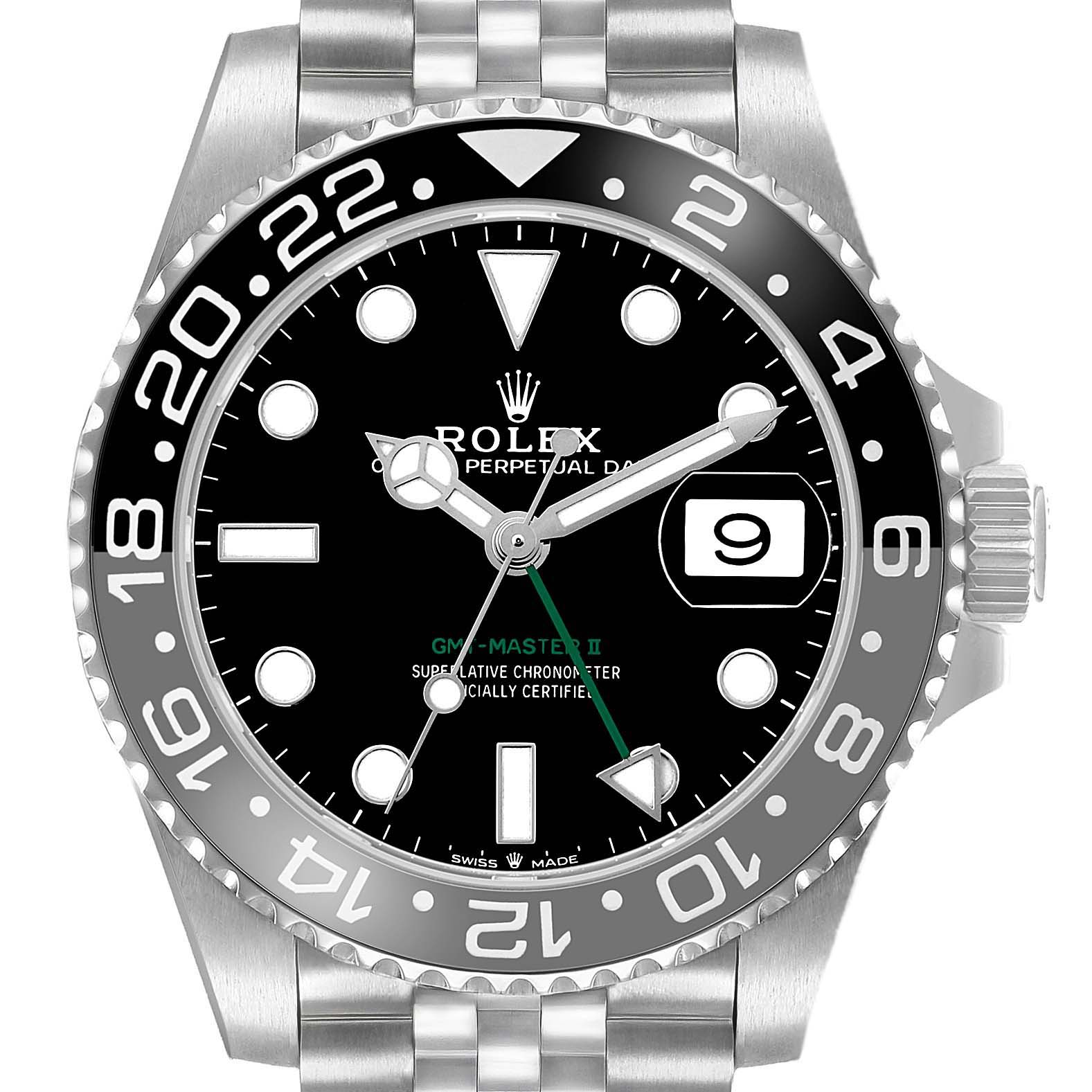 The image shows a frontal view of the Rolex GMT-Master 126710 Men's Stainless Steel Black Dial II watch, highlighting the dial, bezel, and part of the bracelet.