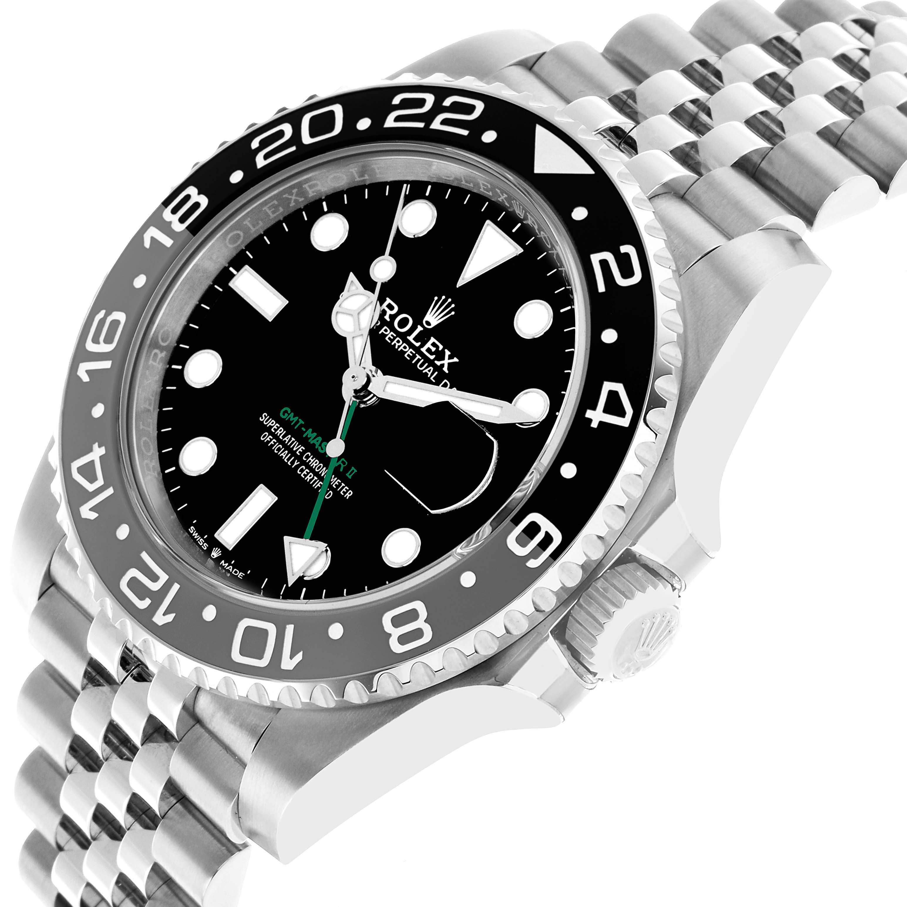 This image shows a Rolex GMT-Master 126710 Men's Stainless Steel Black Dial model from a side angle, highlighting the bezel, dial, crown, and bracelet.