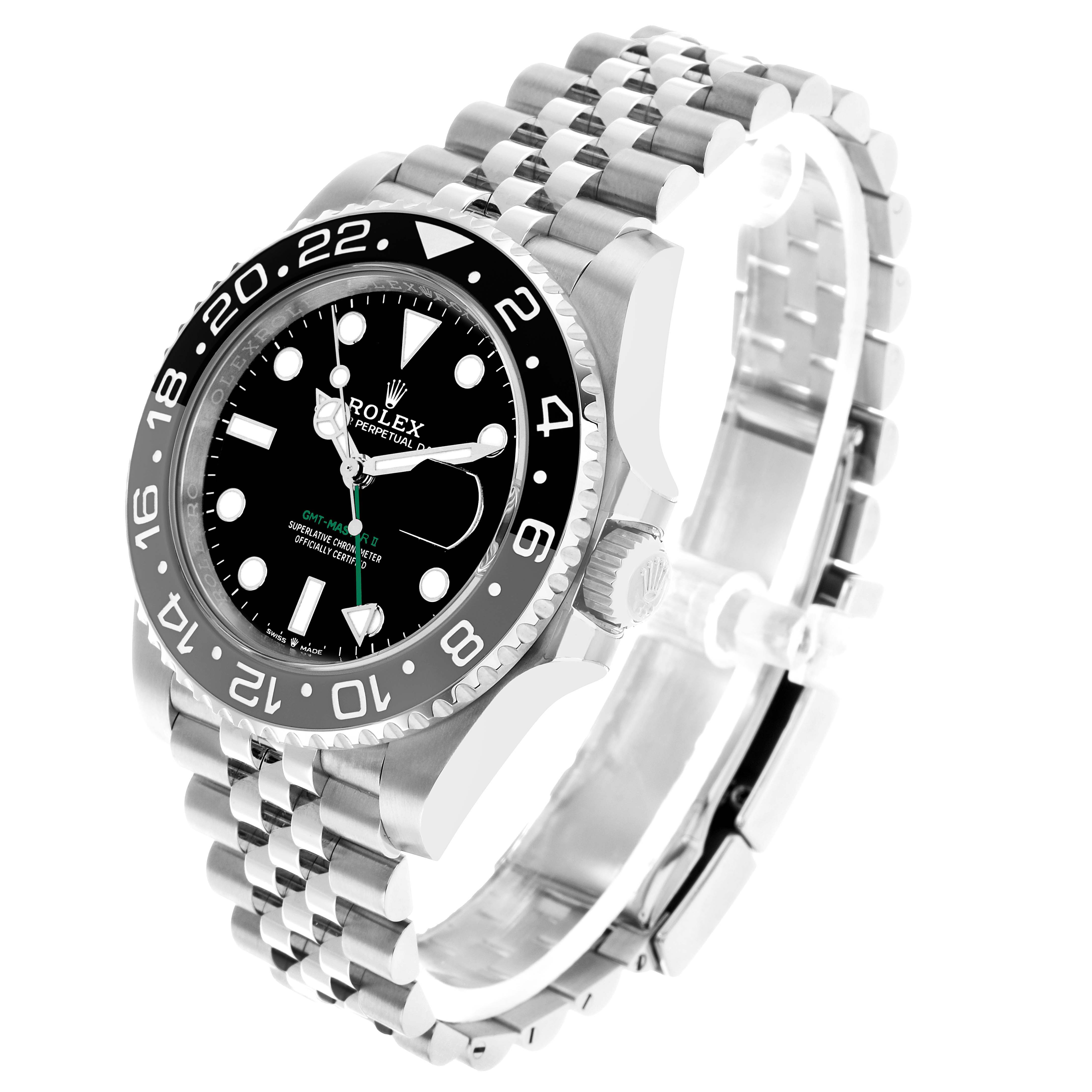 The Rolex GMT-Master 126710 Men's Stainless Steel Black Dial watch is shown at an angled view, highlighting the bezel, face, crown, and Jubilee bracelet.