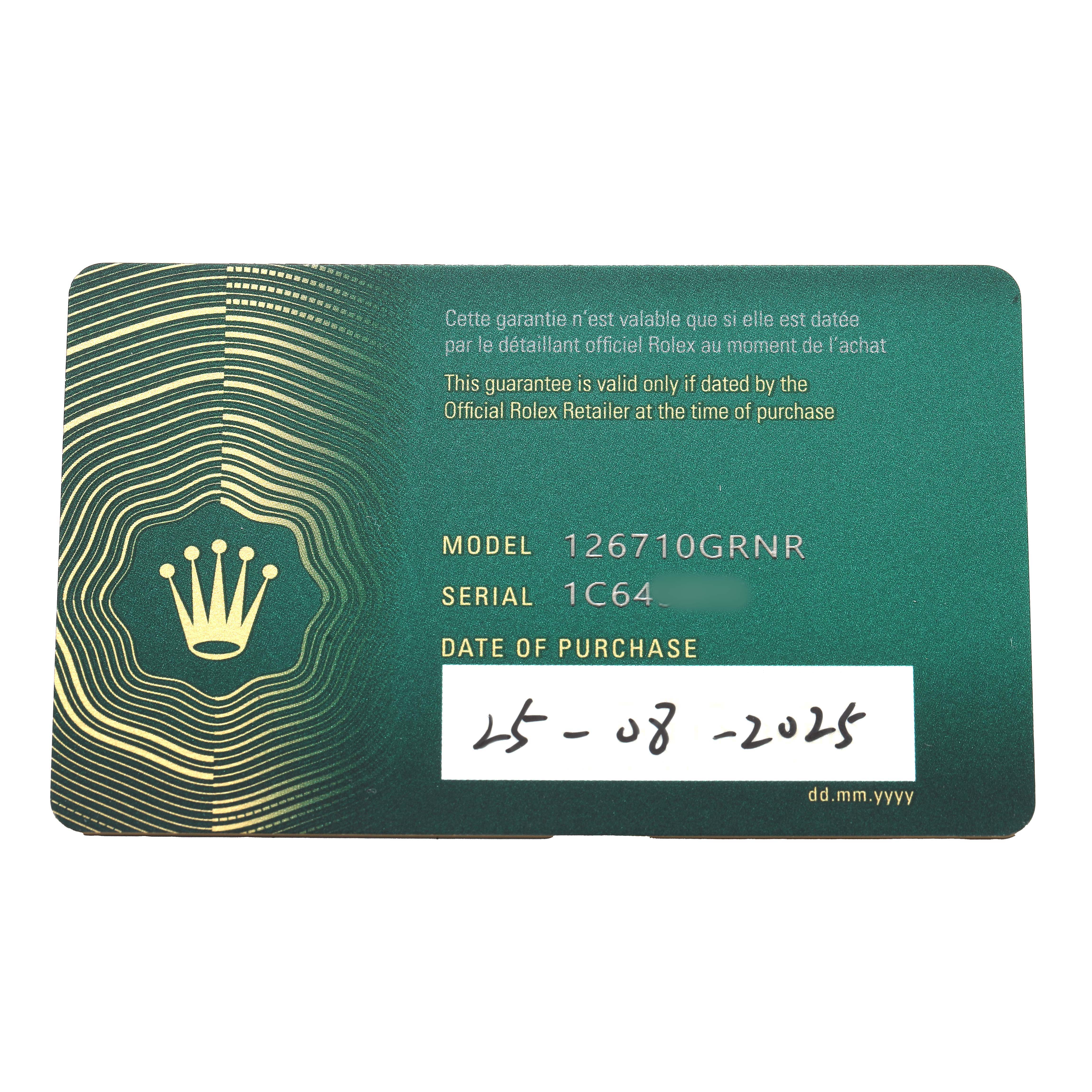 The image shows a warranty card for the Rolex GMT-Master 126710 Men's Stainless Steel Black Dial model, featuring model and serial numbers.