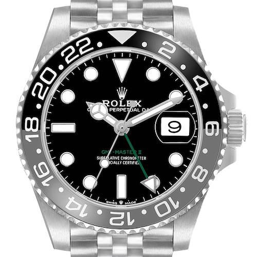The image shows a Rolex GMT-Master 126710 Men's Stainless Steel Black Dial II watch face from a front angle, highlighting the dial, bezel, and part of the bracelet.