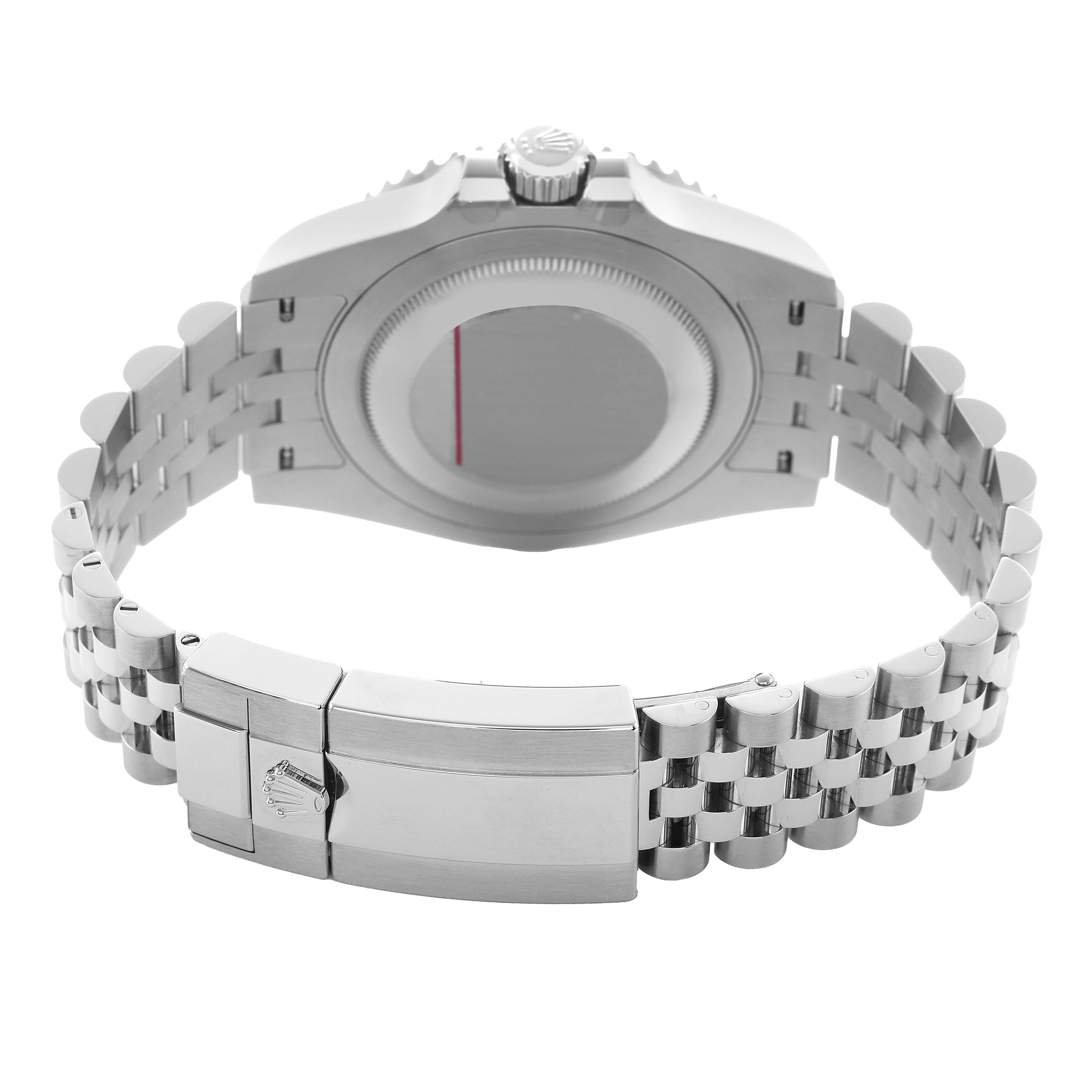 The image shows the back side of a Rolex GMT-Master 126710 Men's Stainless Steel Black Dial watch, highlighting the clasp, case back, and bracelet.