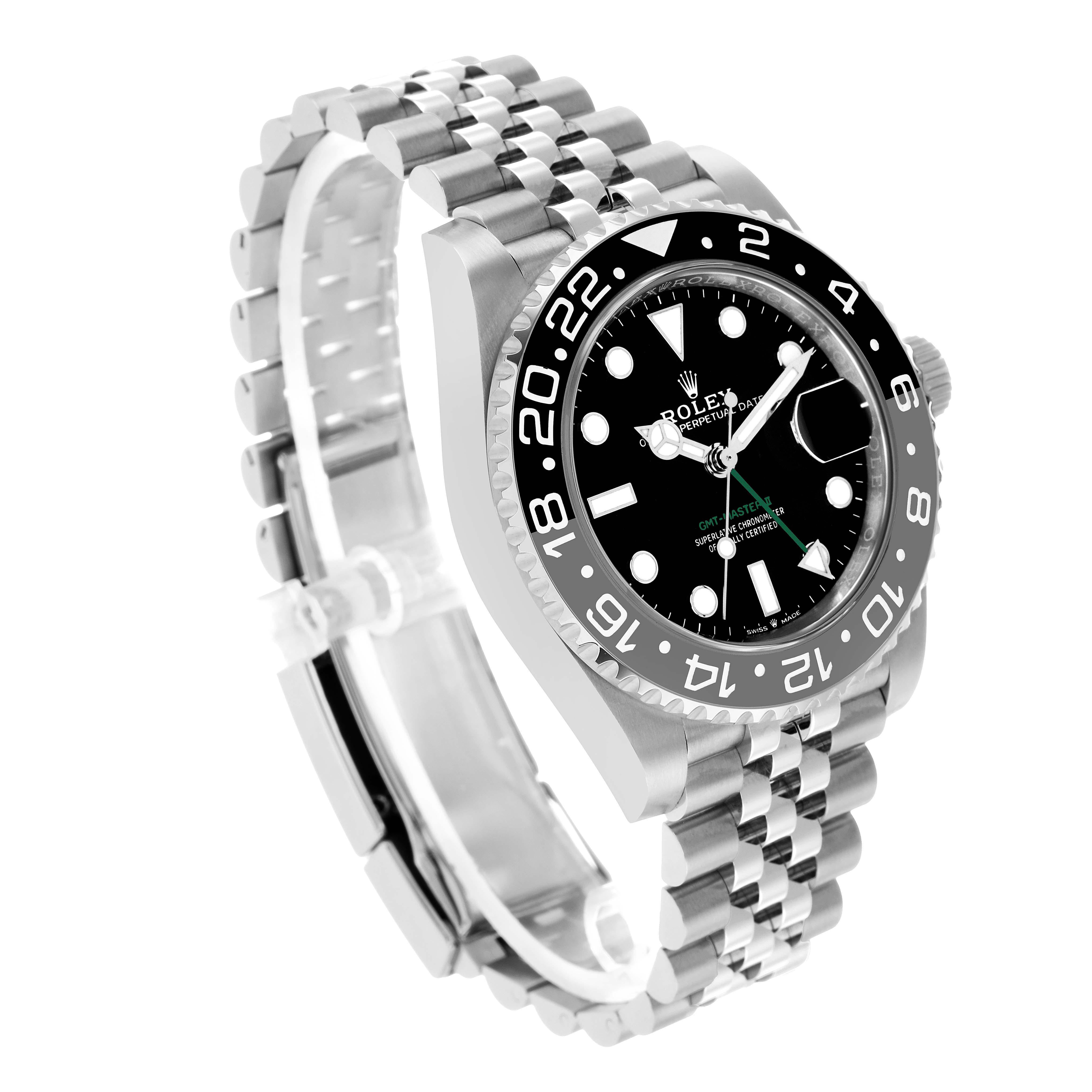 The image shows a Rolex GMT-Master 126710 Men's Stainless Steel Black Dial watch at a three-quarter angle displaying the bezel, dial, bracelet, and crown.