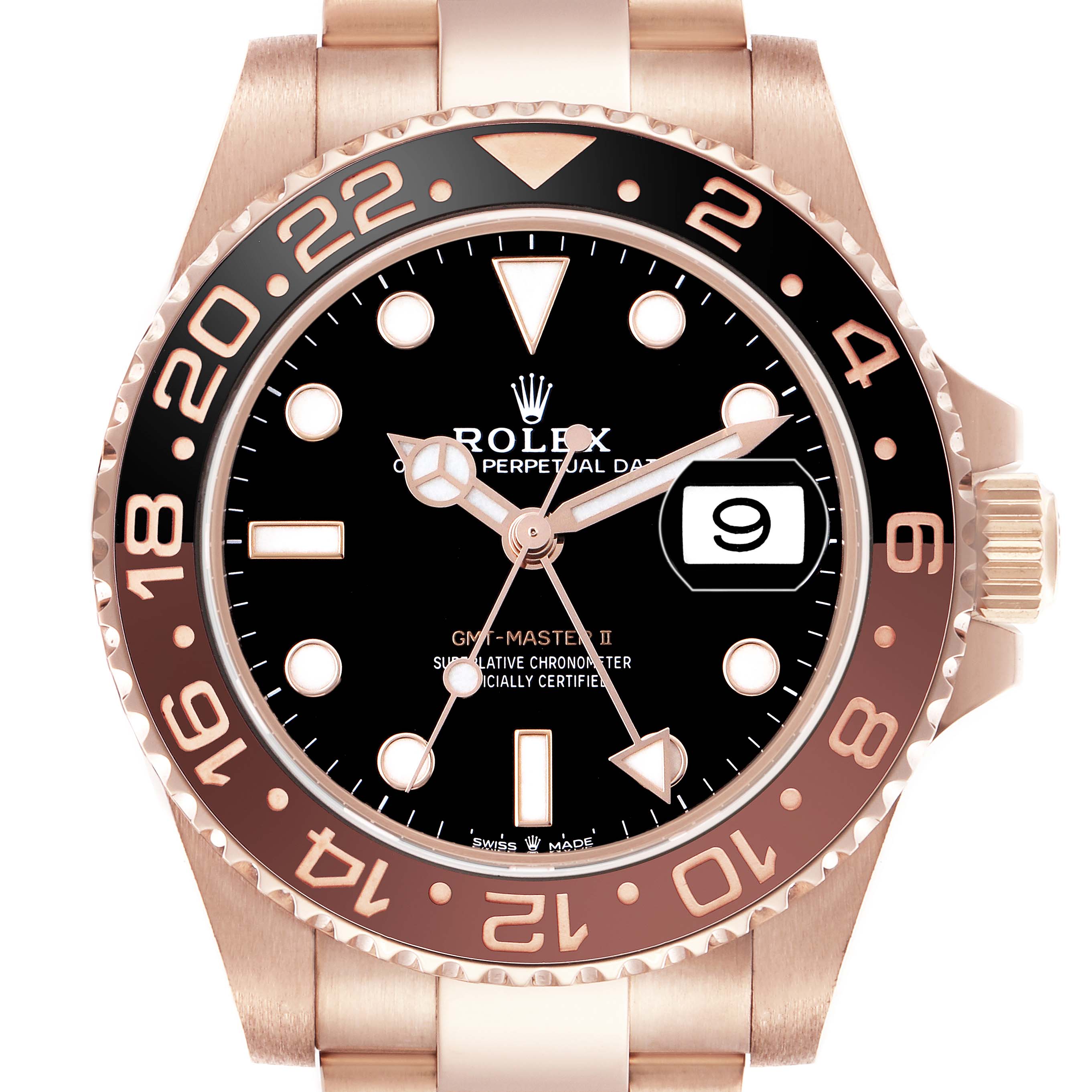 The image shows a frontal view of the Rolex GMT-Master 126715 Men's Rose Gold Black Dial II watch, highlighting the bezel, dial, hands, and date window.