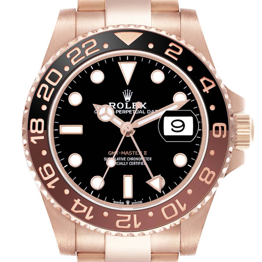 The image shows a frontal view of the Rolex GMT-Master 126715 Men's Rose Gold Black Dial II watch, highlighting the bezel, dial, hands, and date window.